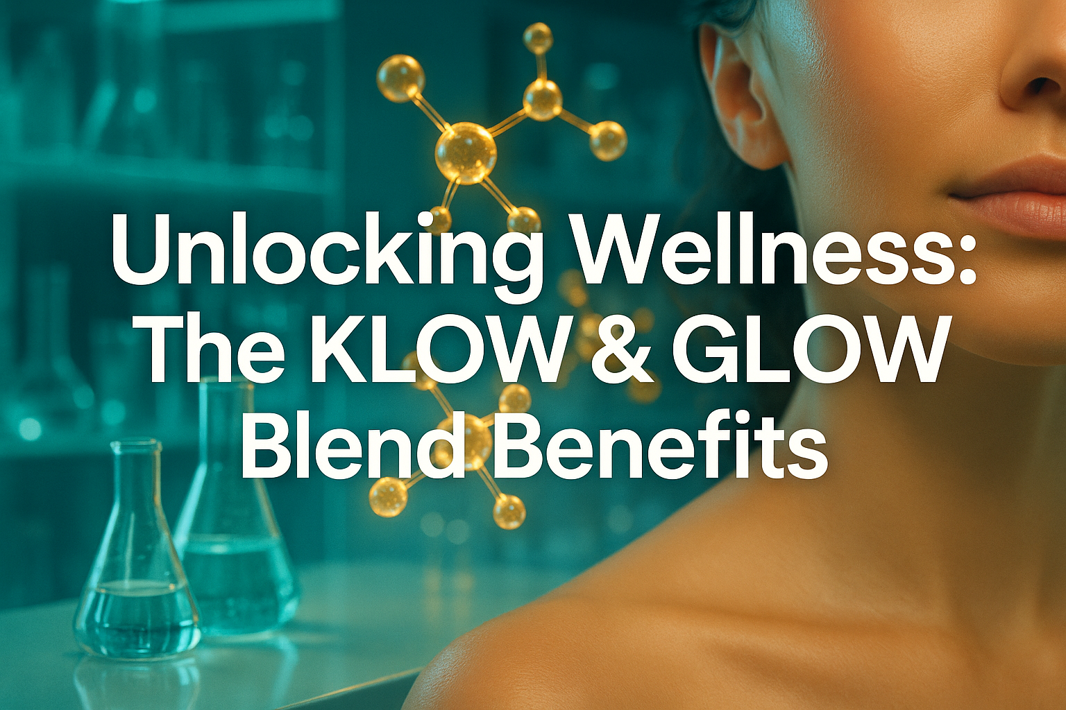 Professional landscape hero image (1536x1024) featuring bold text overlay: 'Unlocking Wellness: The KLOW & GLOW Blend Benefits' in extra lar