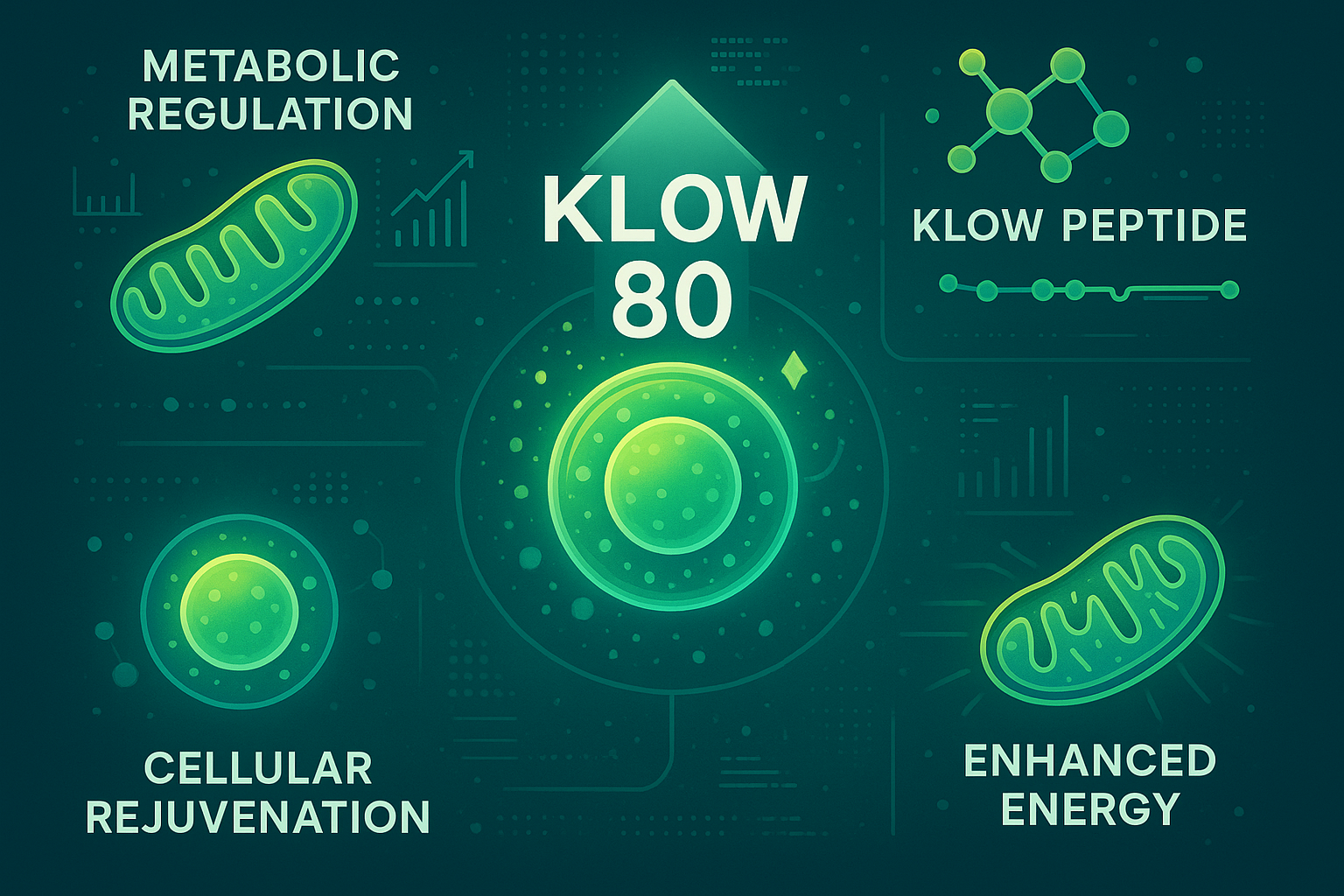 An intricate infographic illustrating the cellular mechanisms and systemic effects of KLOW blend and KLOW peptide, focusing on metabolic reg