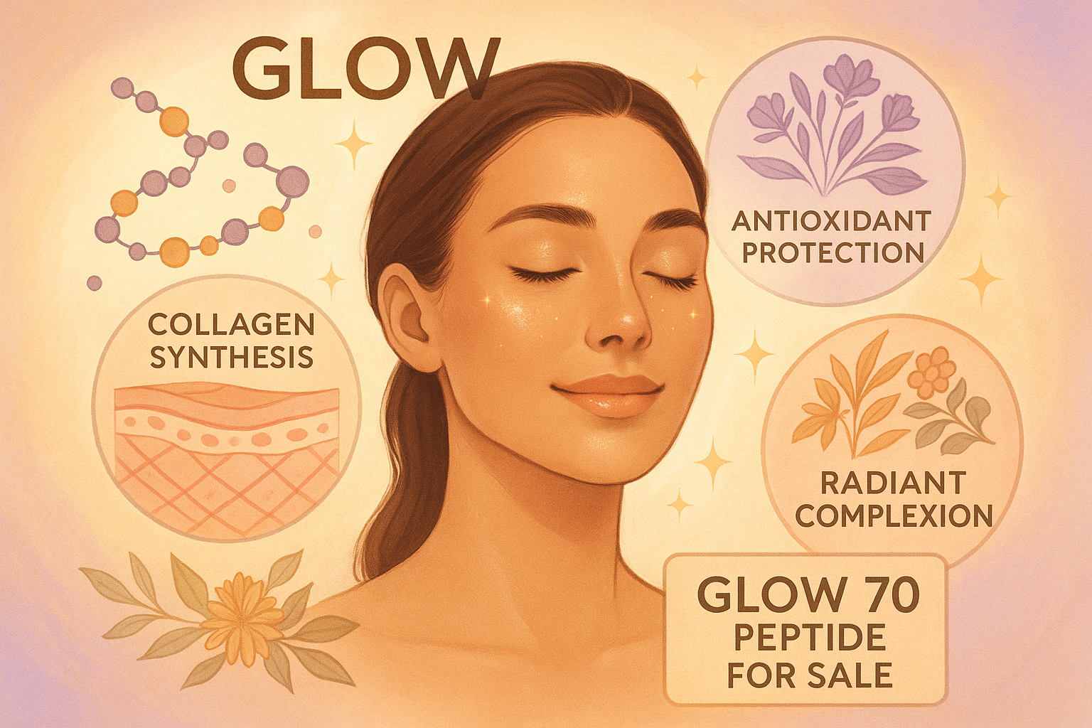 A conceptual illustration showcasing the comprehensive skin and vitality benefits of GLOW blend and GLOW peptide, with a focus on collagen s