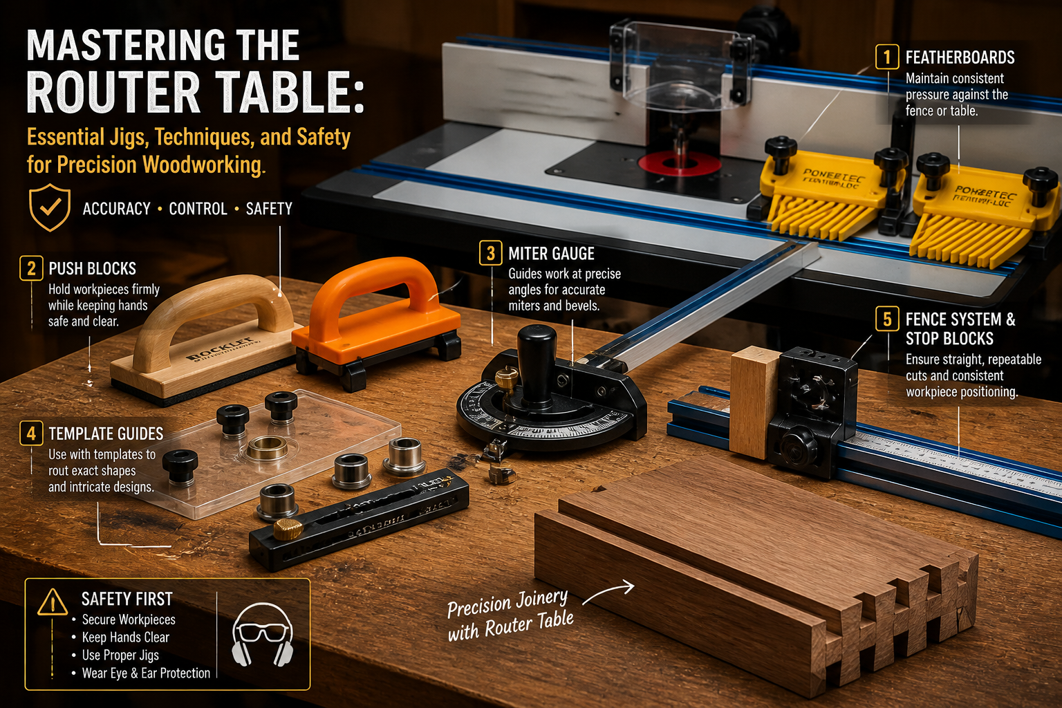 Detailed () image showcasing a diverse array of essential router table jigs neatly organized on a workbench next to a router