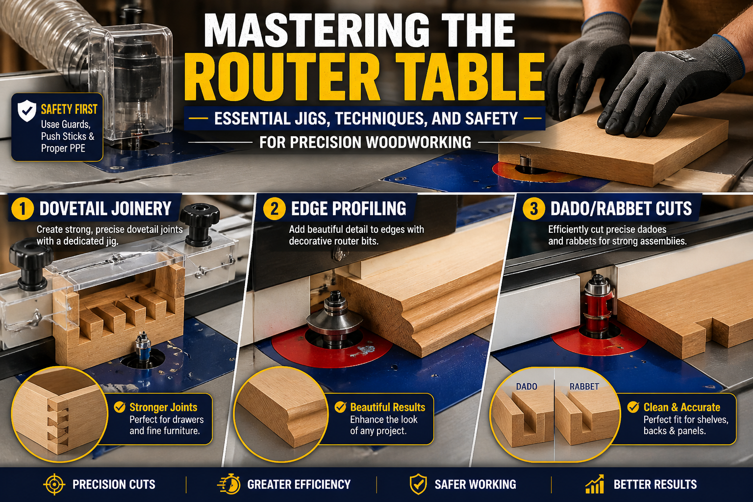 Vibrant () image illustrating various advanced router table techniques in action. One section shows a close-up of a dovetail