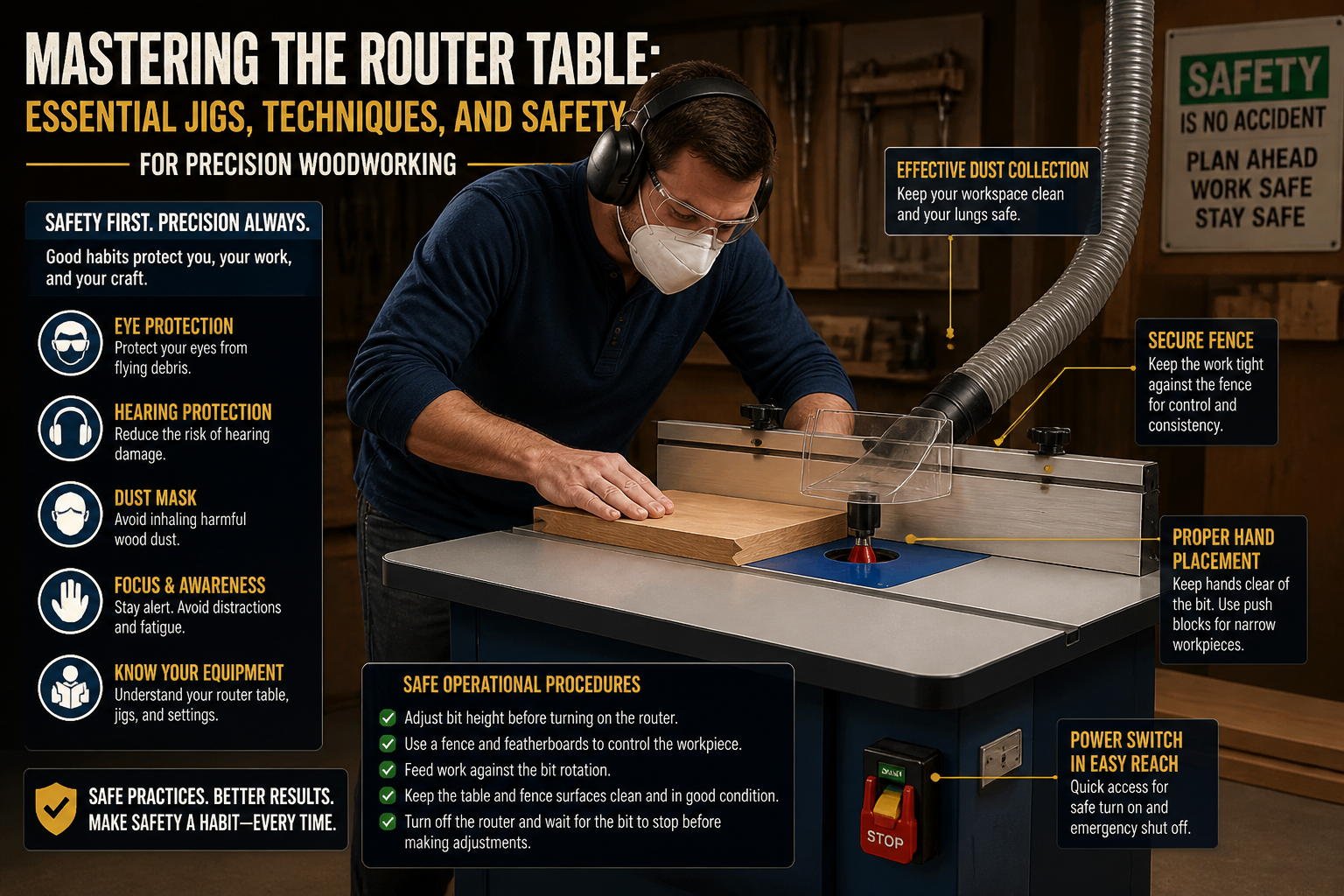 Dynamic () image focusing on critical router table safety practices. The foreground features a woodworker wearing eye