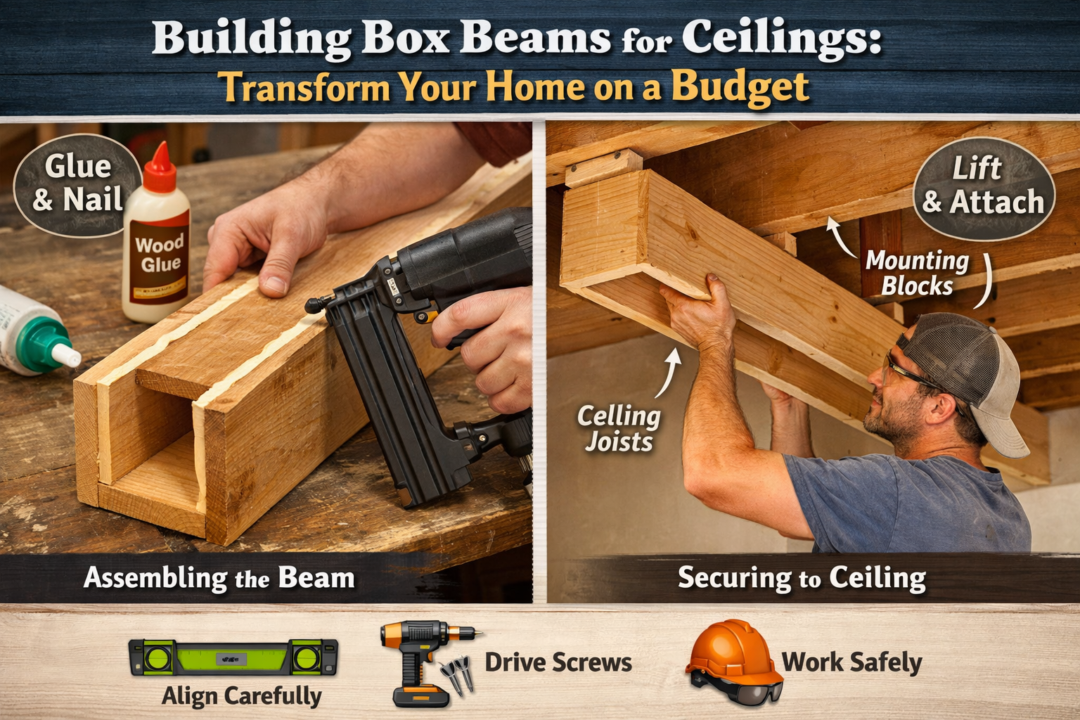 A landscape format (1536x1024) image demonstrating the step-by-step assembly and installation of a box beam. One frame shows a close-up of a