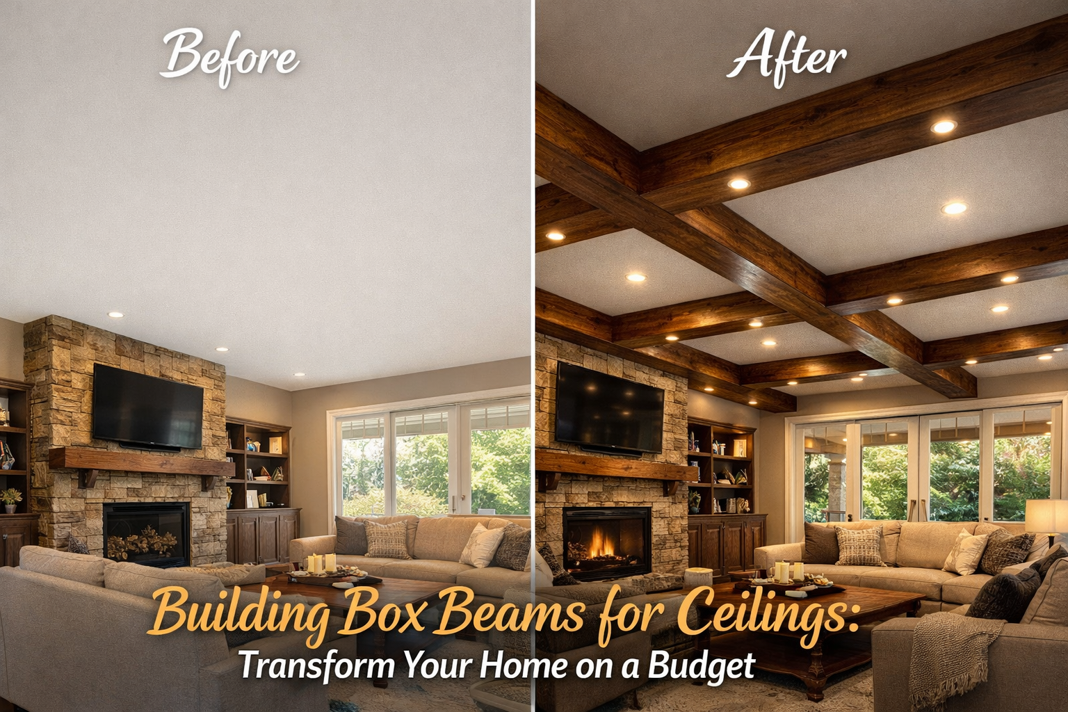 A landscape format (1536x1024) image showcasing the transformative impact of finished box beams in a modern home. One side of the image disp