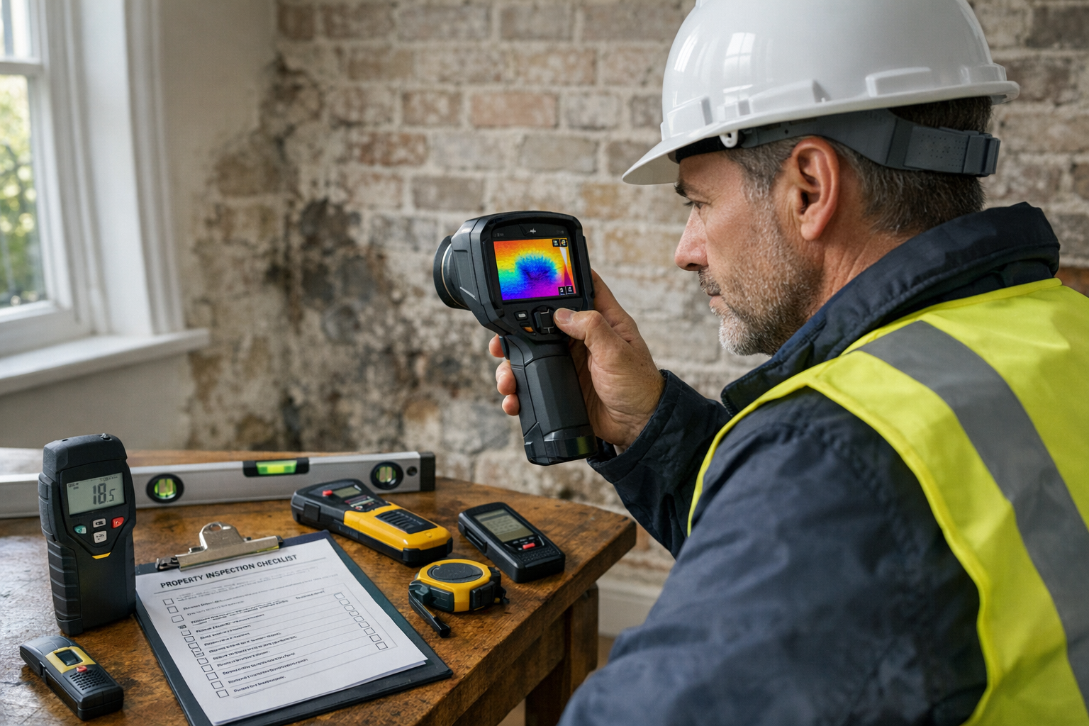 Detailed () professional photograph of building surveyor conducting detailed property inspection inside residential home.