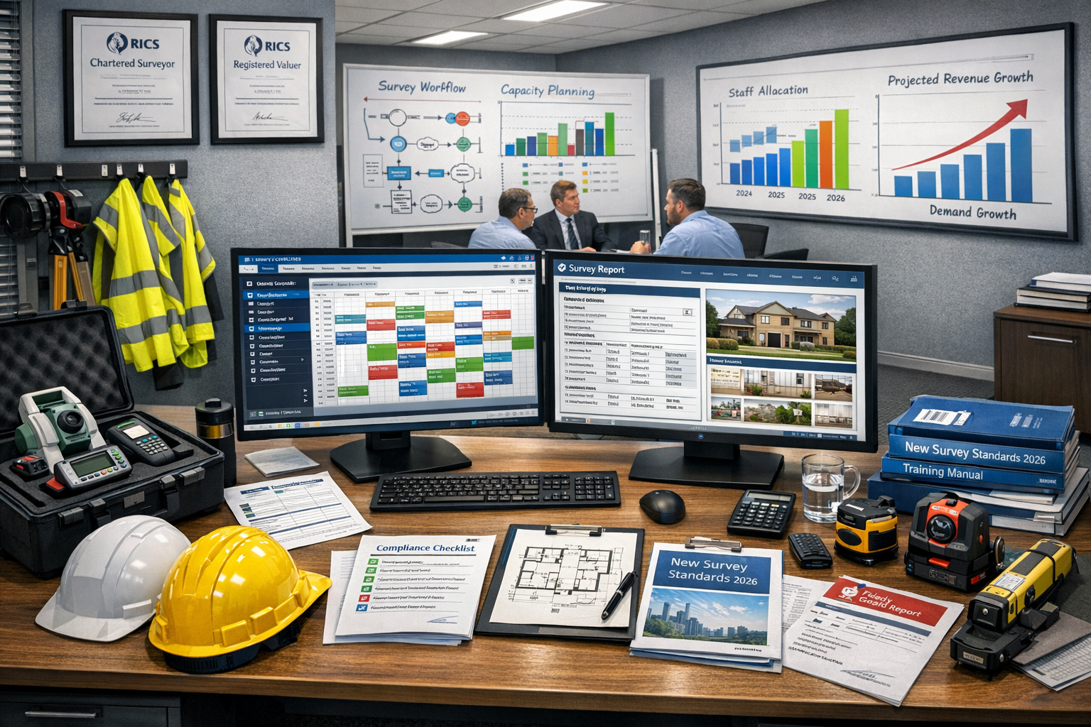 Detailed () modern office workspace showing surveying business operations and capacity planning. Wide desk with dual