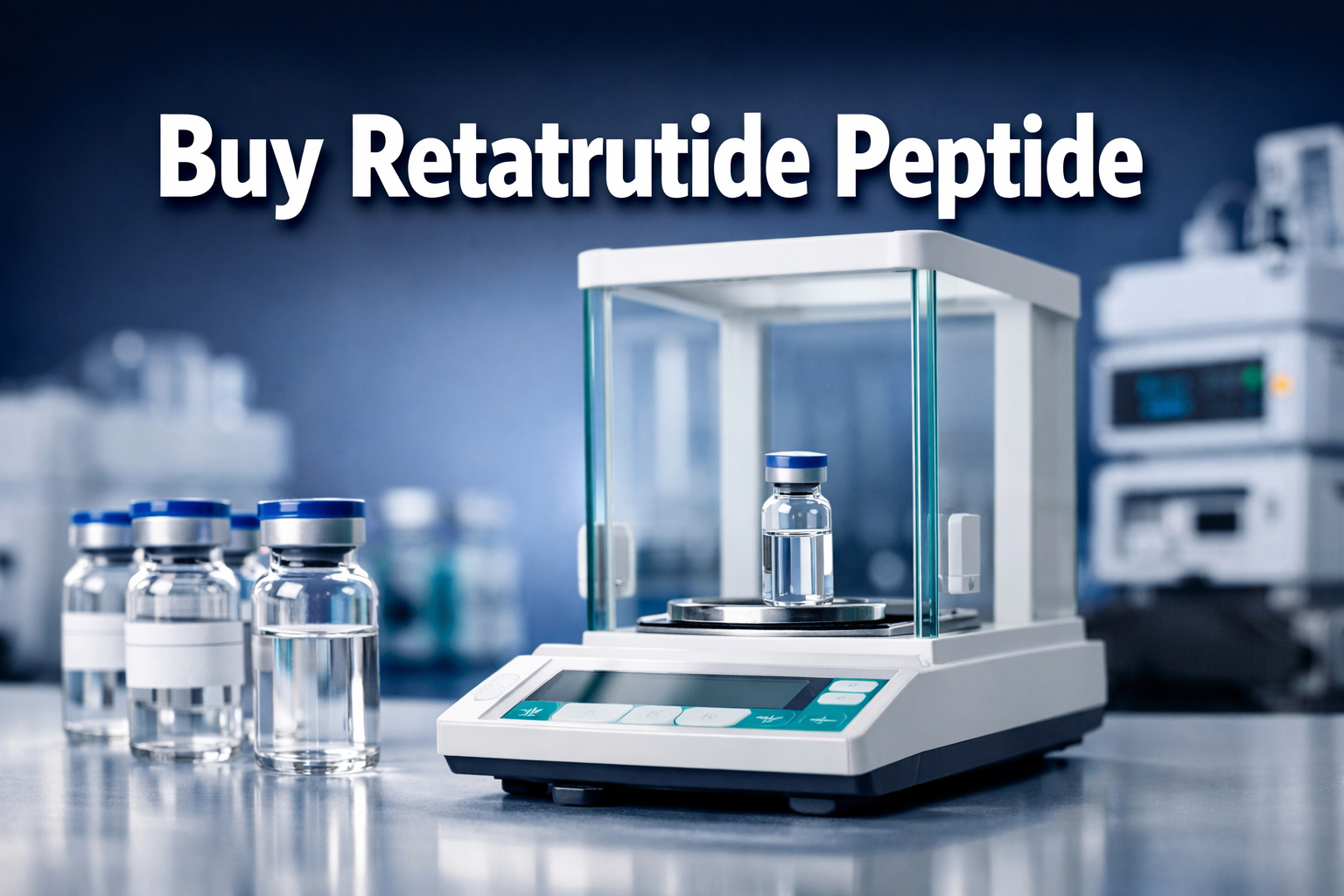 Professional () hero image featuring 'Buy Retatrutide Peptide' in extra large white with dark drop , centered in upper third