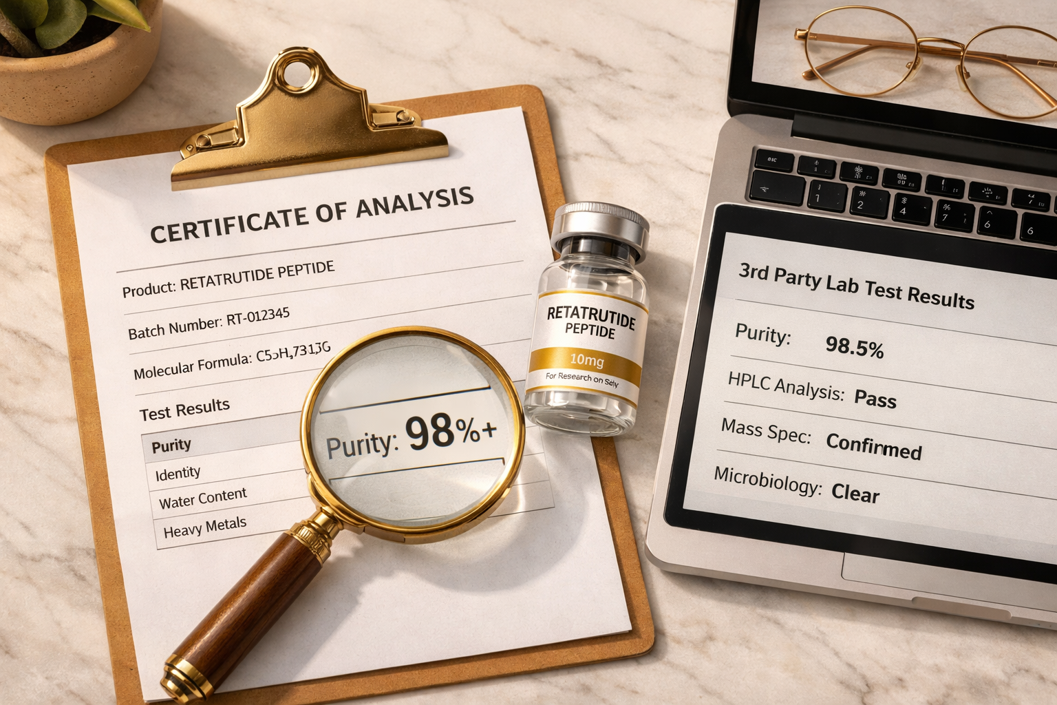 Detailed () image depicting a quality assurance and peptide sourcing checklist concept. A flat-lay composition on a light