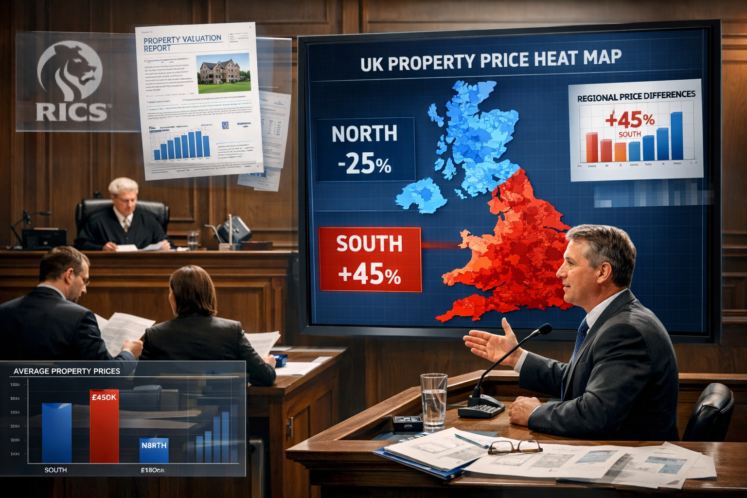 () detailed illustration showing courtroom scene with expert witness stand in foreground, property valuation reports, and