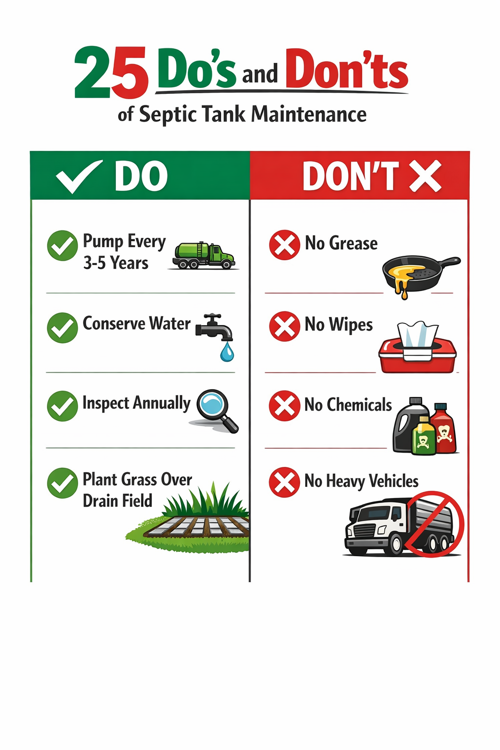 () detailed illustration showing a split-panel infographic: left side green checkmarks listing DO items for septic tank