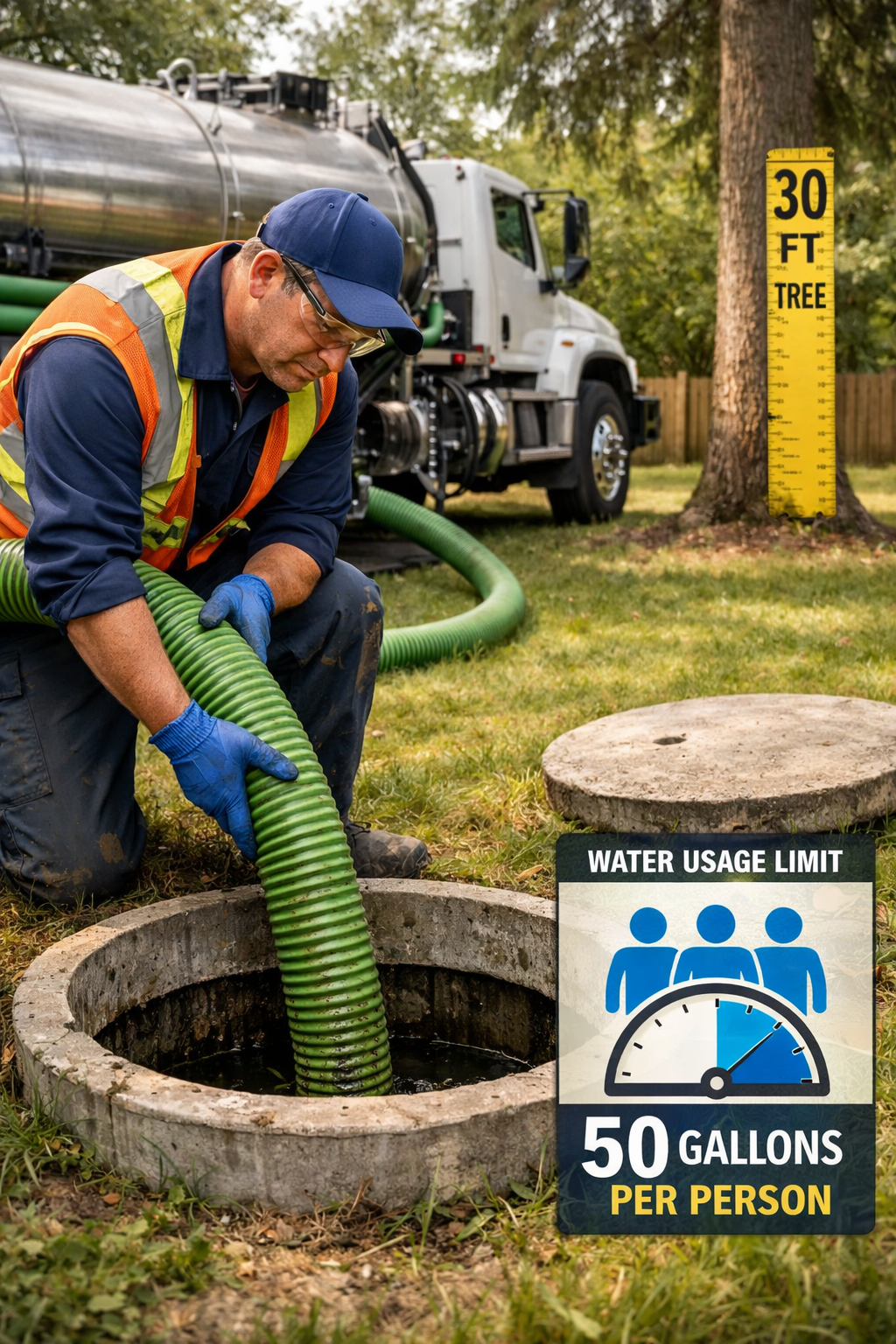 () close-up photorealistic scene showing a septic tank being pumped by a professional service truck in a residential
