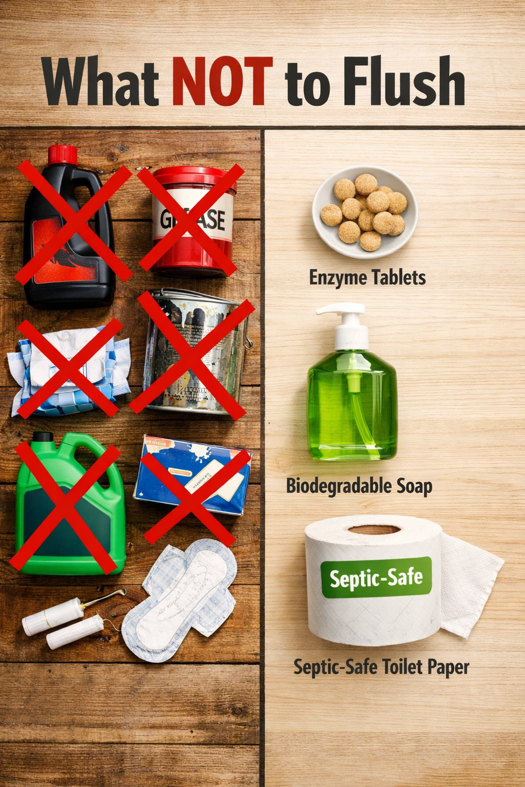 () flat-lay style image showing items that should NEVER go into a septic system arranged on a wooden surface: chemical drain