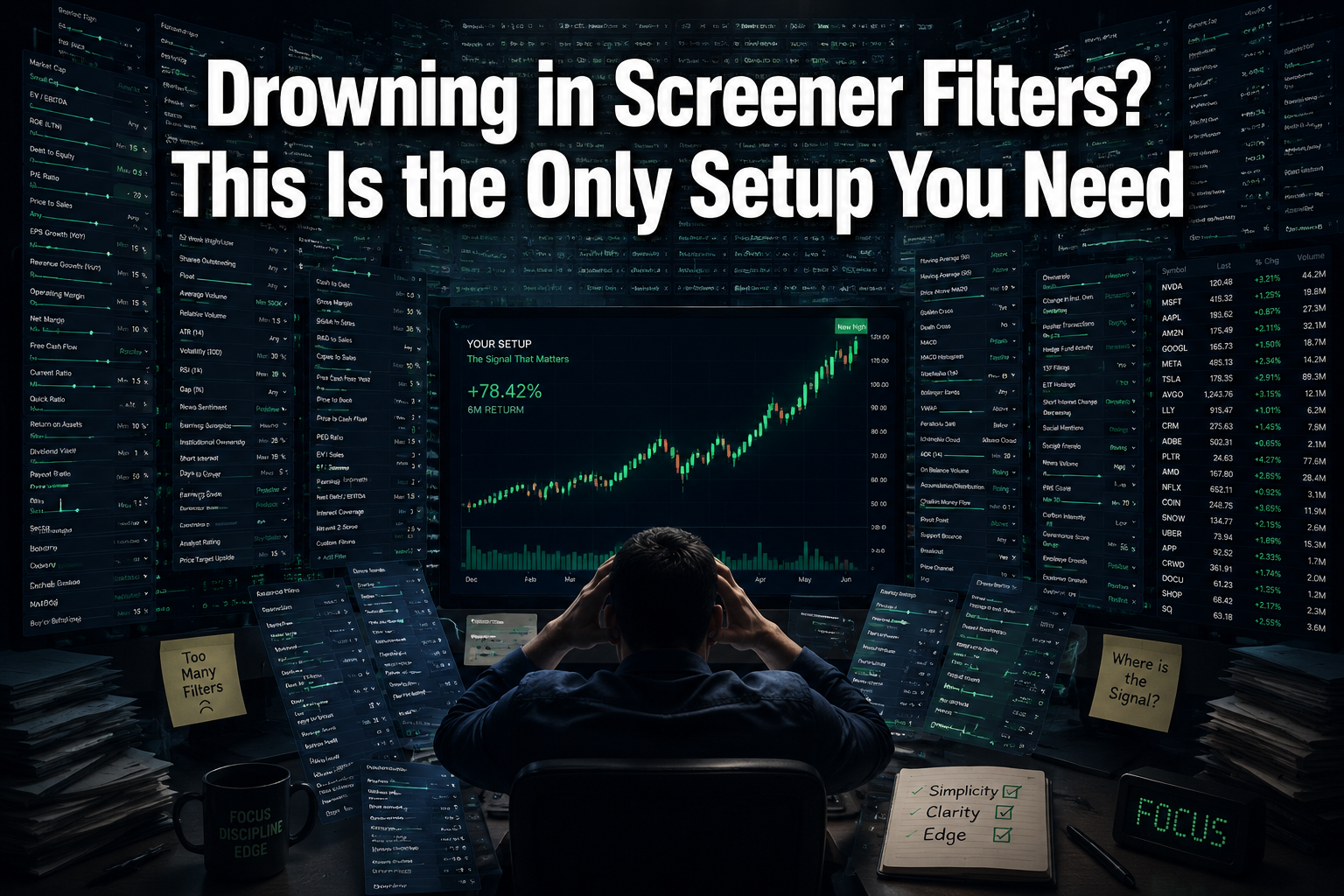 Professional () hero image with : 'Drowning in Screener Filters? This Is the Only Setup You Need' in extra large white with