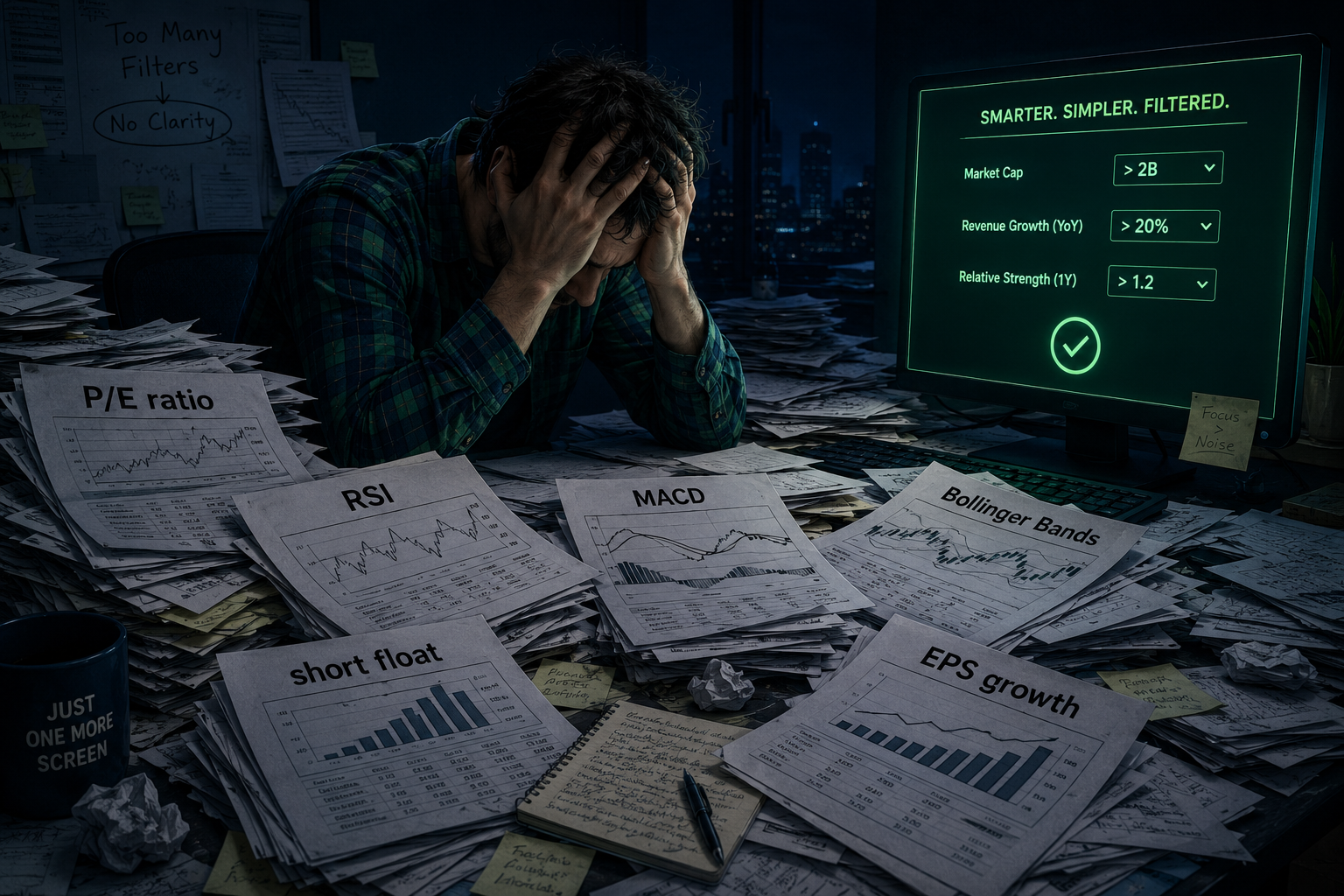 () conceptual illustration showing a retail investor at a cluttered desk buried under stacks of paper printouts labeled with