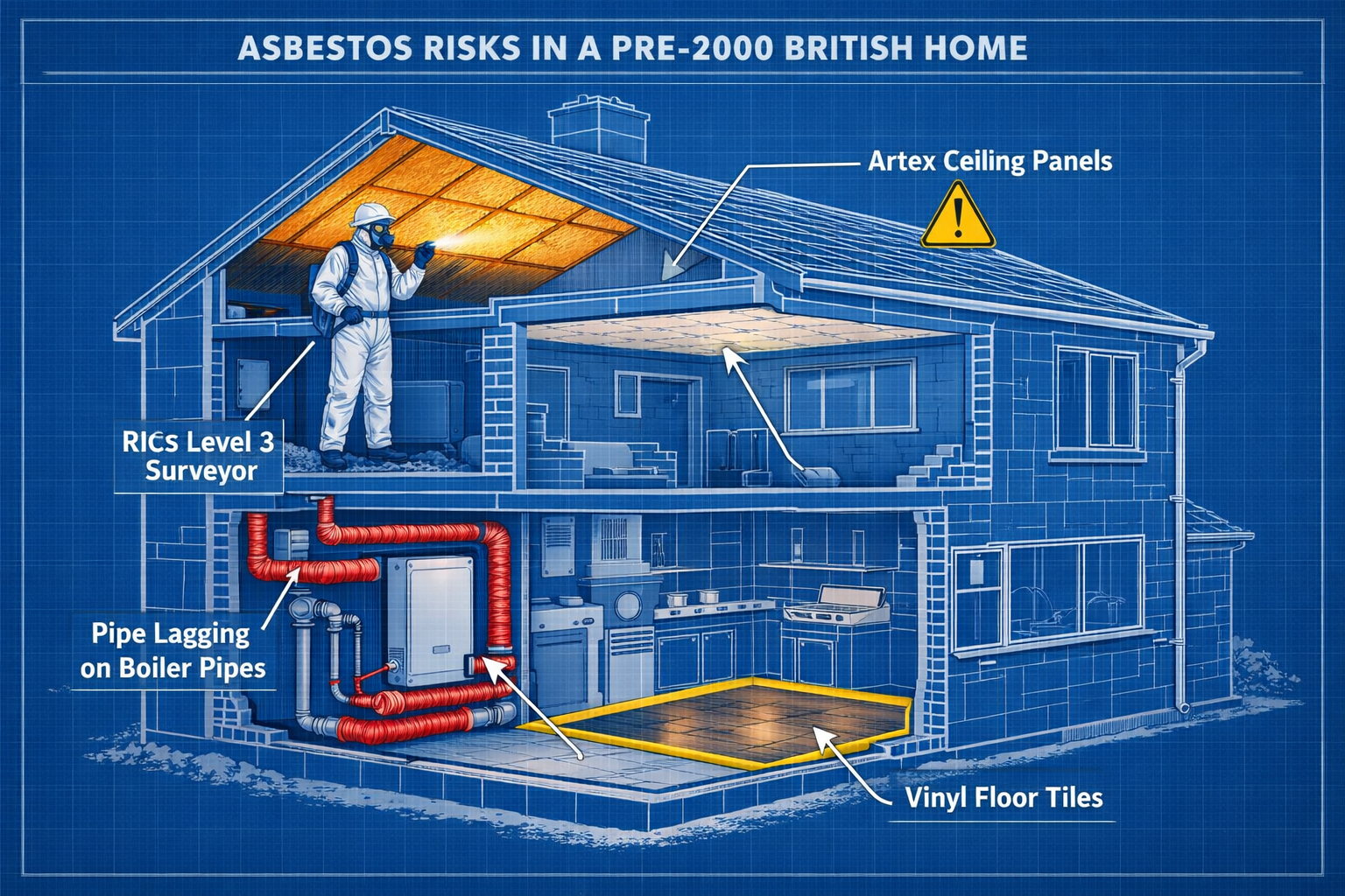 Detailed () editorial illustration showing a cross-section cutaway diagram of a pre-2000 British home with highlighted