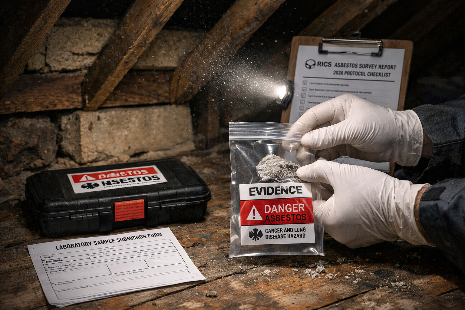 Detailed () close-up editorial photograph showing a professional asbestos surveyor's hands in white nitrile gloves carefully