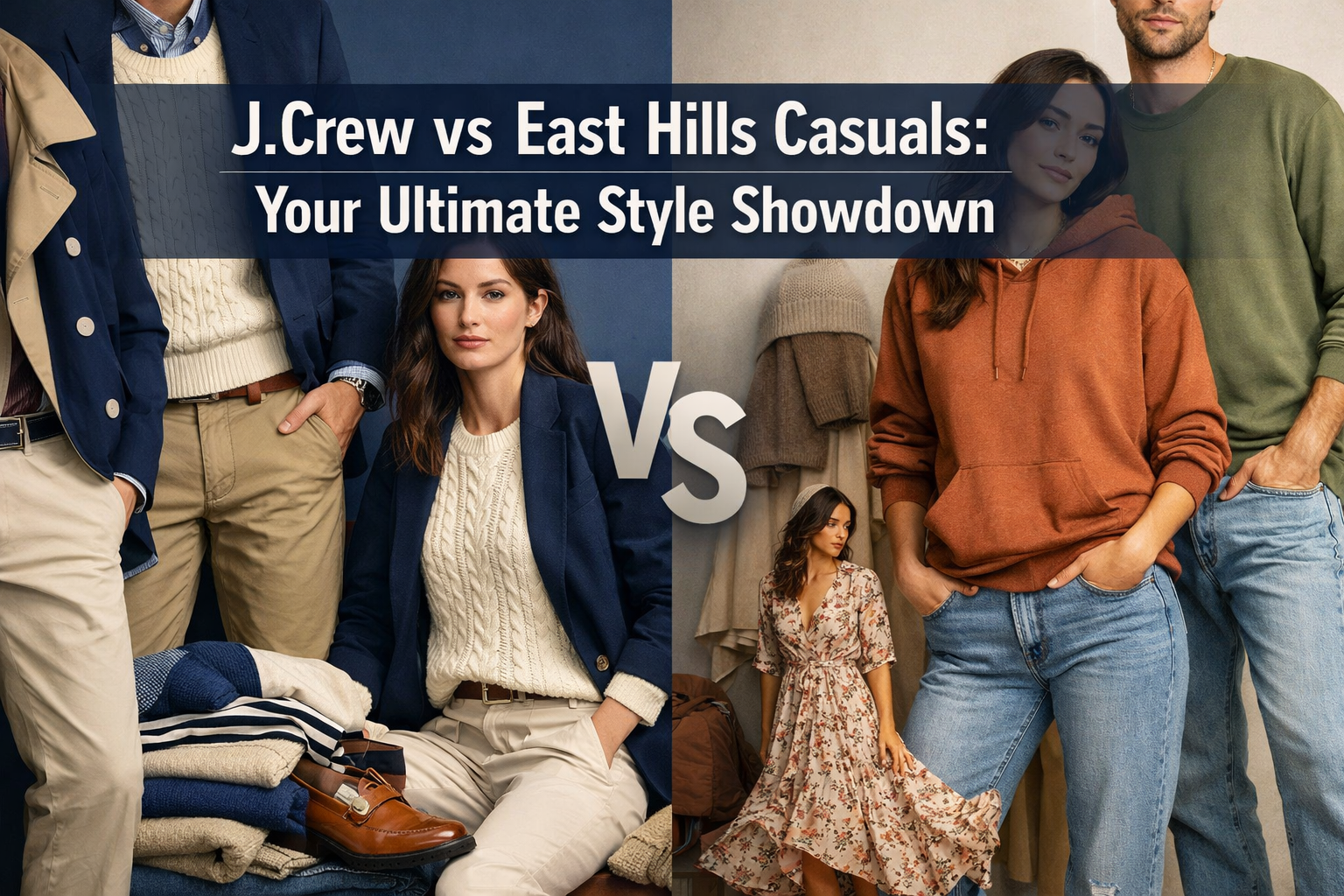 Professional landscape hero image (1536x1024) featuring bold text overlay 'J.Crew vs East Hills Casuals: Your Ultimate Style Showdown' in ex