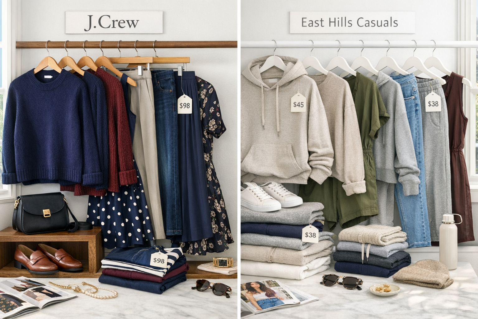 Detailed lifestyle photograph (1536x1024) showing organized wardrobe comparison featuring jeans, sweaters, pants, dresses and jumpsuits, swe