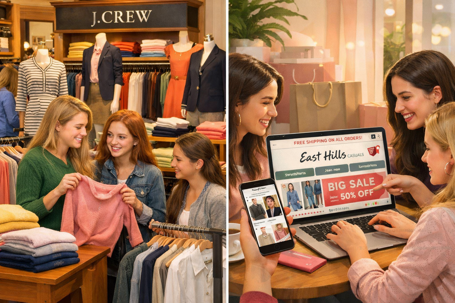 Vibrant lifestyle scene (1536x1024) depicting young women and teen girls shopping experience comparison. Split composition: left side shows