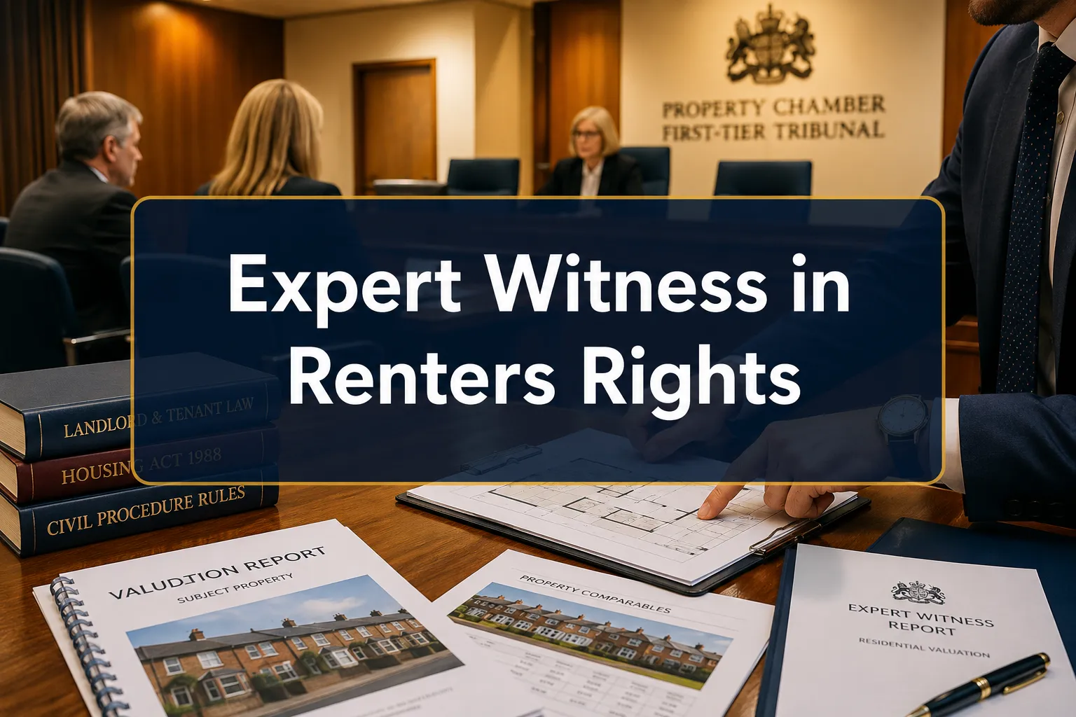 Professional () hero image with (≤42 chars): 'Expert Witness in Renters Rights' in crisp white on a deep navy