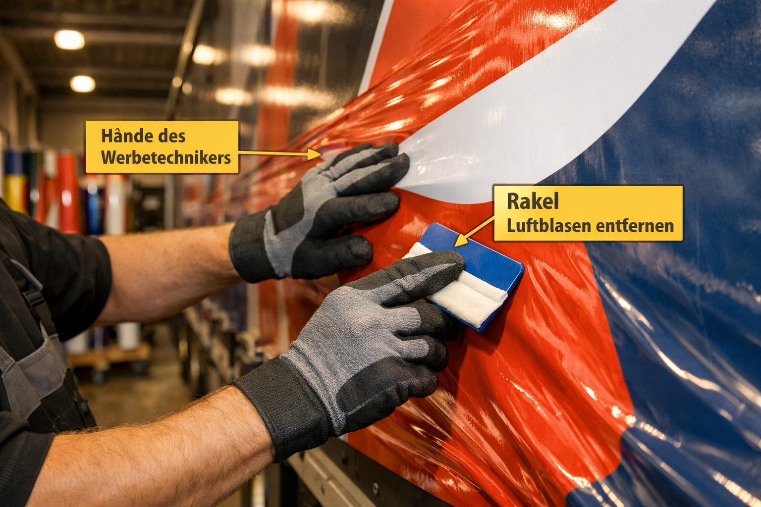 () close-up workshop scene showing a professional Werbetechniker applying large-format vinyl film to the side of a truck