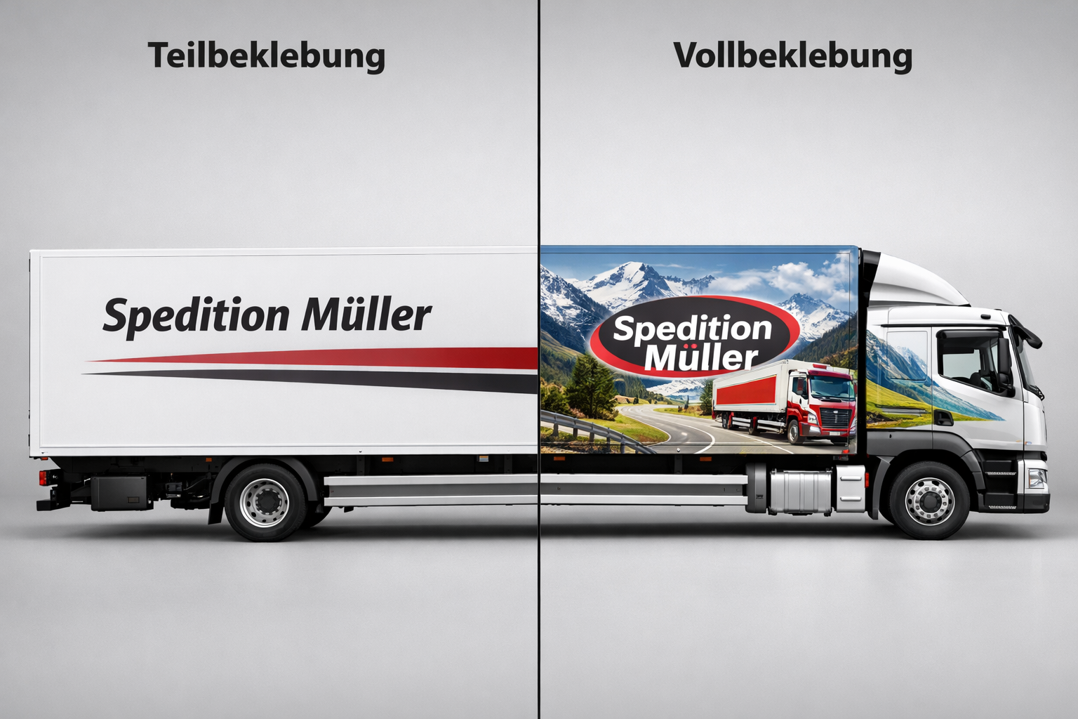 () split-screen comparison table visual: left side shows a truck with simple text-only Teilbeklebung on white background,