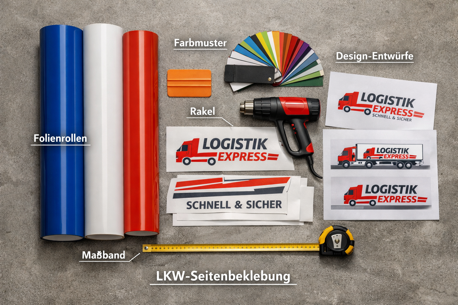() overhead flat-lay of LKW Seitenbeklebung materials and tools on a grey concrete floor: rolls of high-performance vinyl