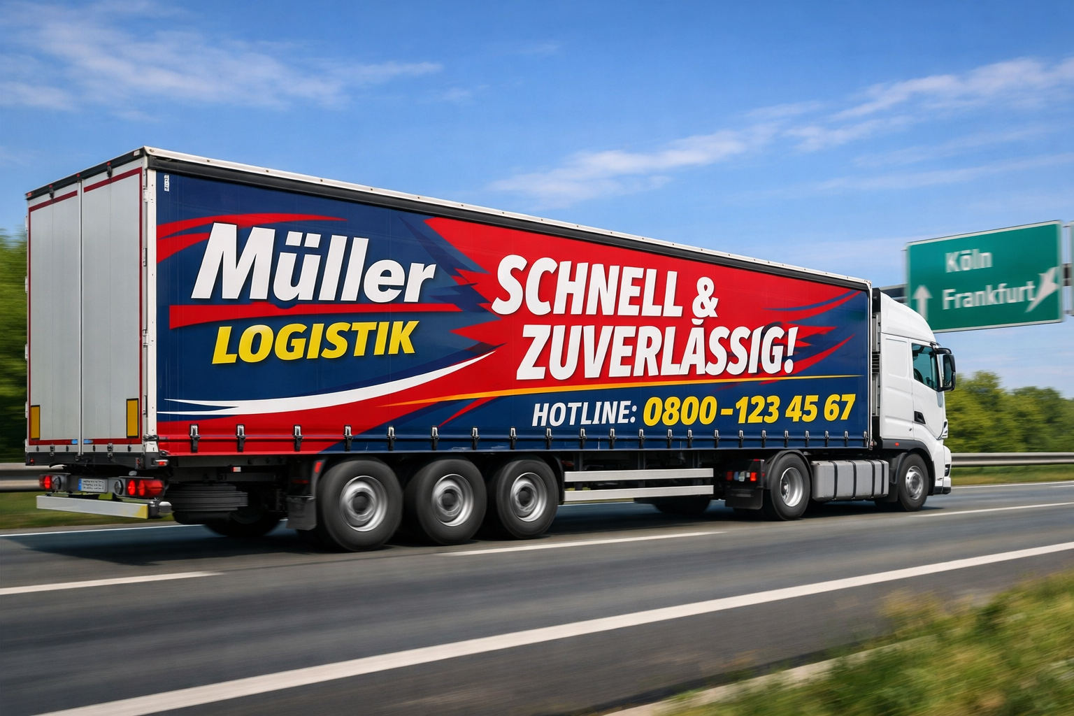 () wide-angle street scene showing a branded logistics truck driving on a German Autobahn, full LKW Seitenbeklebung visible