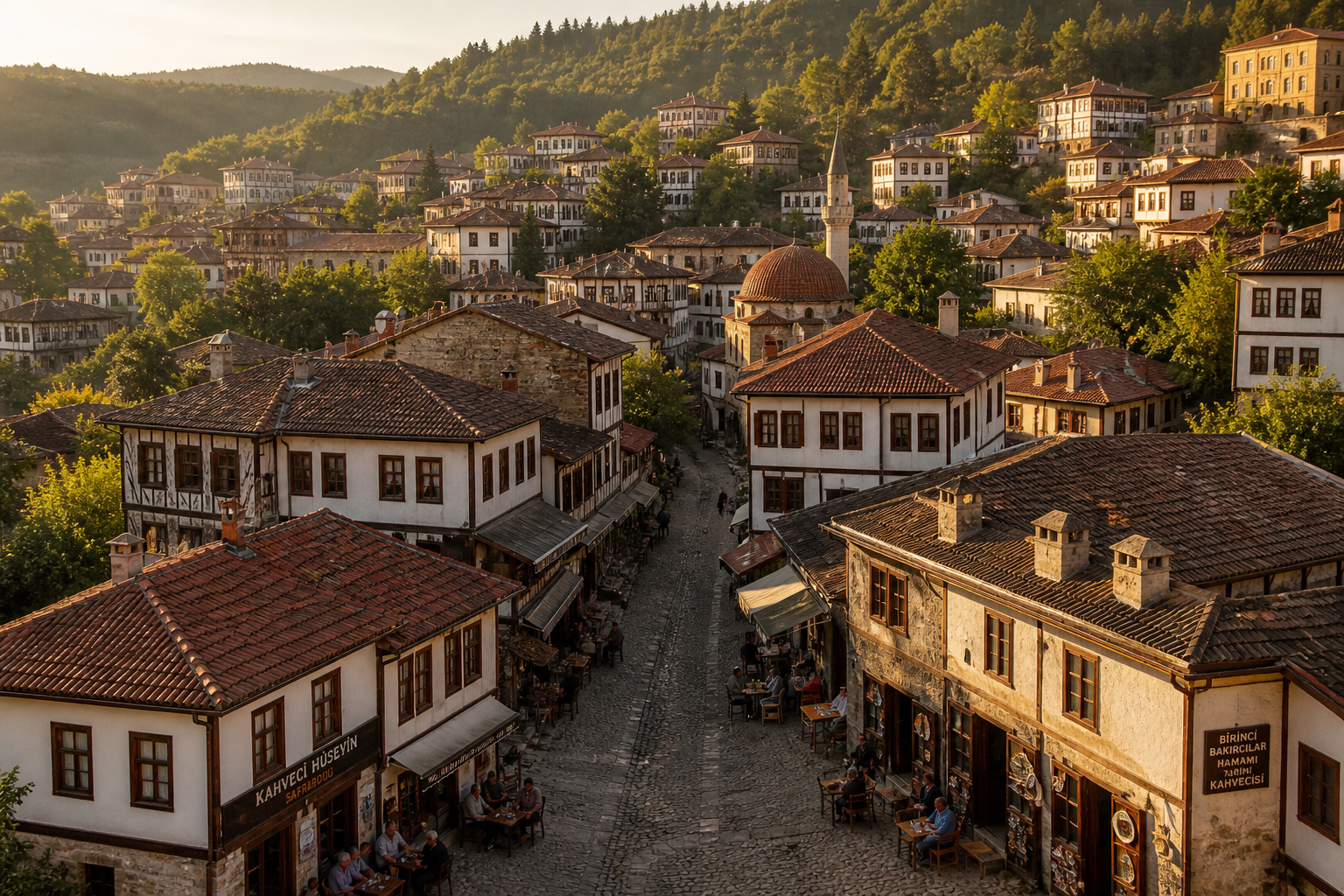 Aerial wide-angle () photograph of Safranbolu, Turkey, showing perfectly preserved Ottoman-era timber-framed houses with