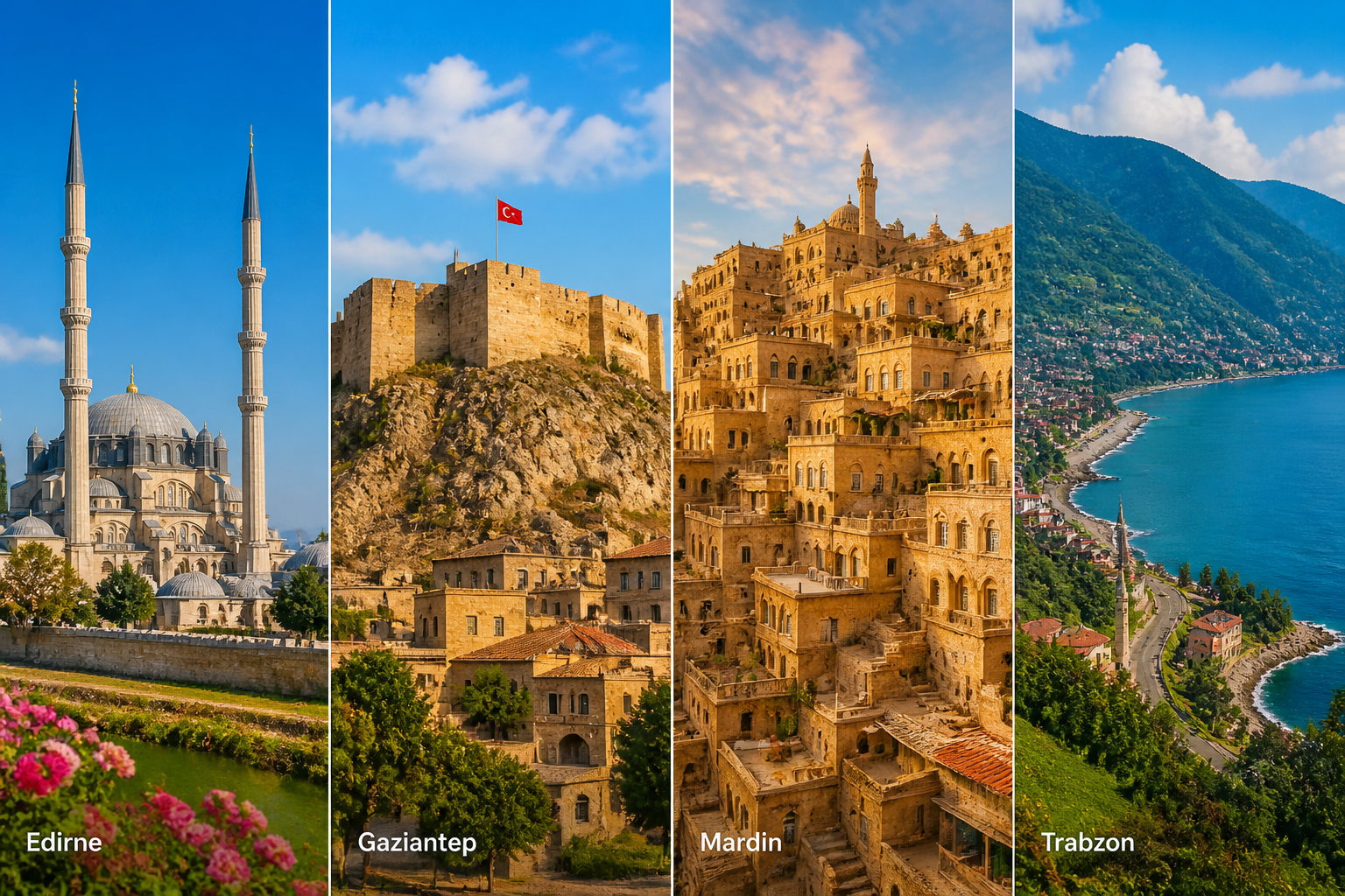 Wide () split-composition image showing four contrasting underrated Turkish cities side by side: left panel shows Edirne's