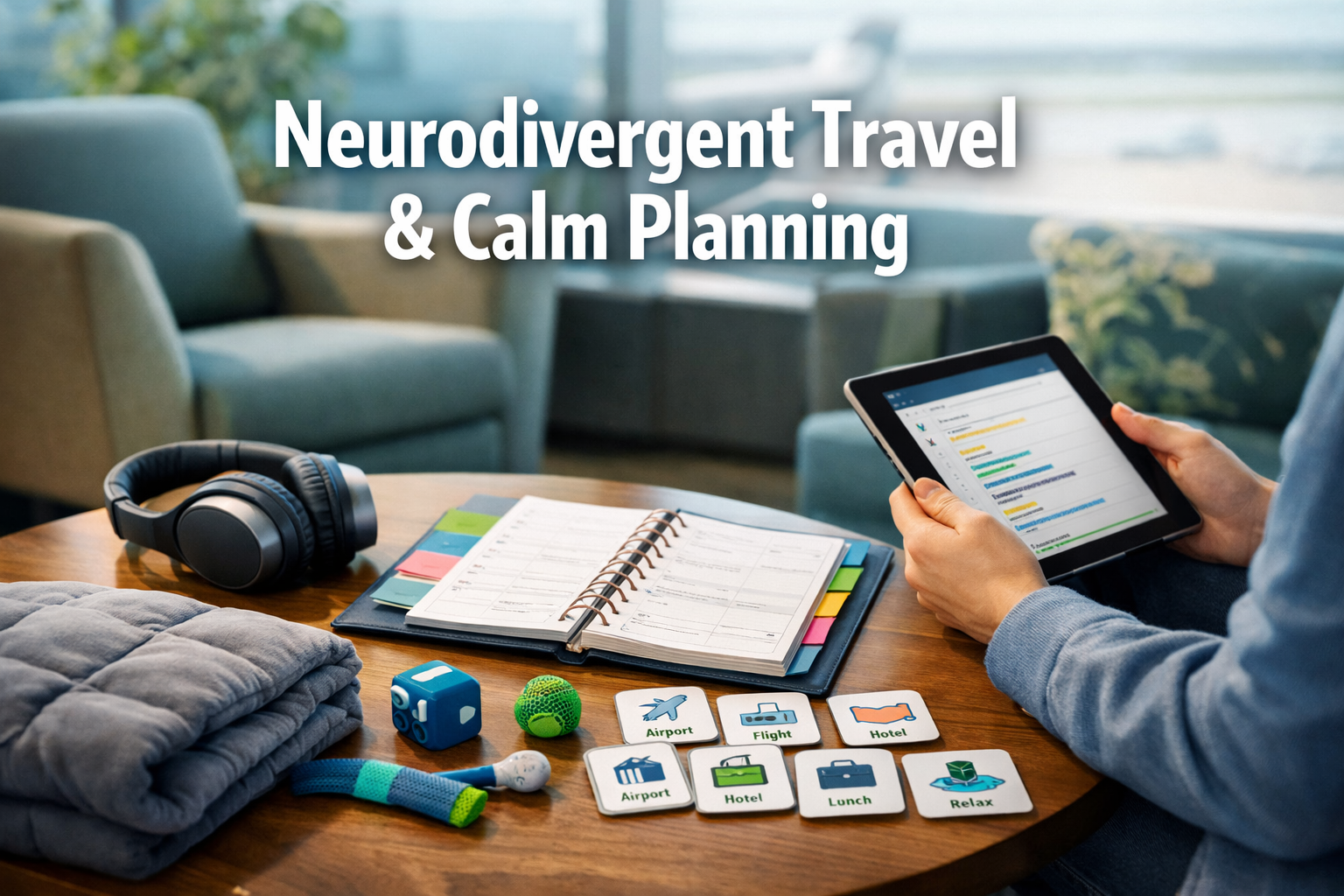 Professional landscape format (1536x1024) hero image featuring bold text overlay 'Neurodivergent Travel & Calm Planning' in extra large 72pt