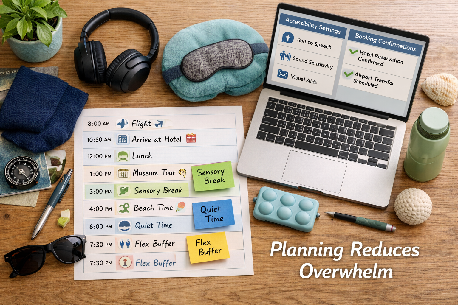 Landscape format (1536x1024) editorial image showing organized travel planning workspace from overhead view. Detailed visual schedule with i