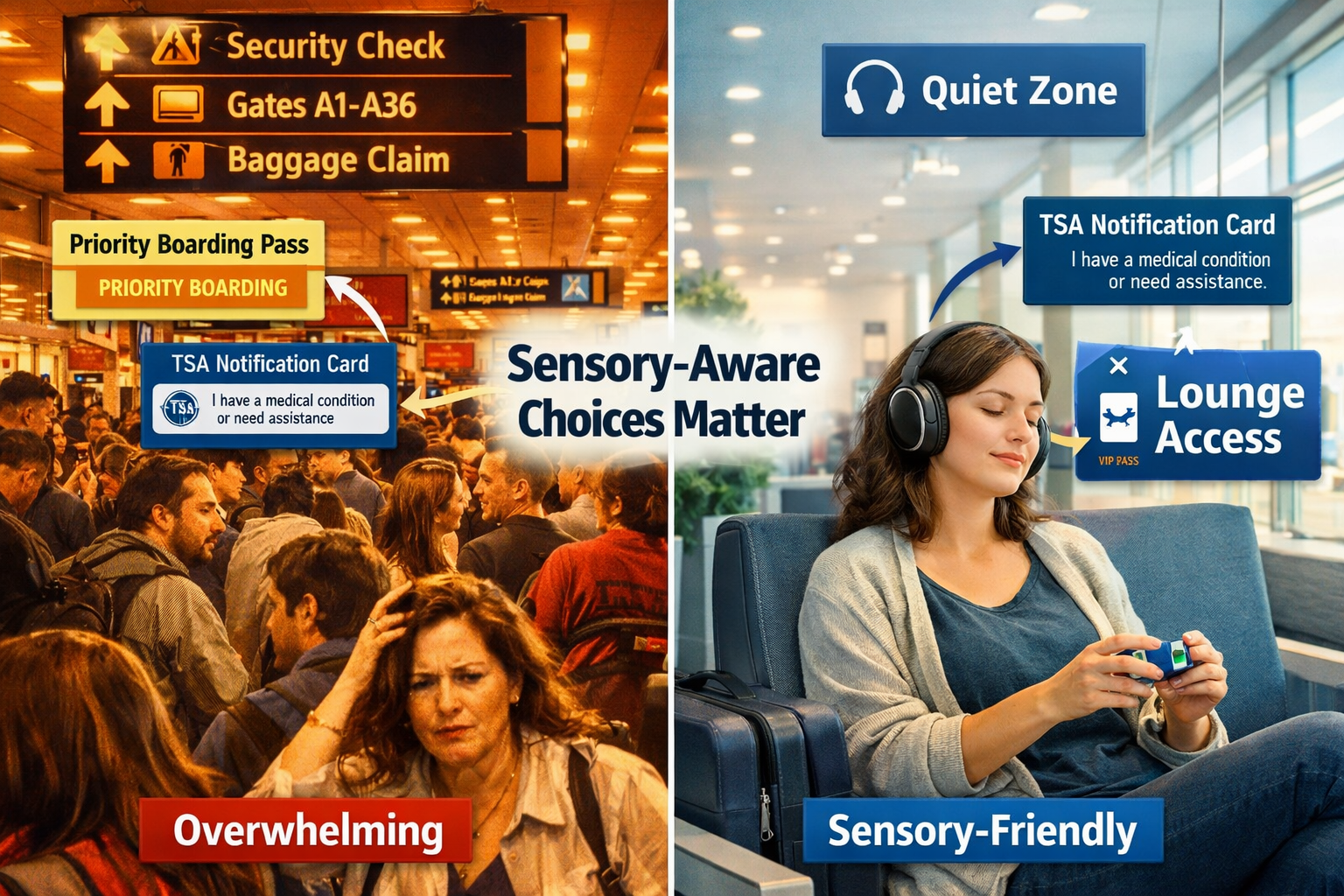 Landscape format (1536x1024) split-screen comparison image showing two travel scenarios. Left side: chaotic crowded airport terminal with ha
