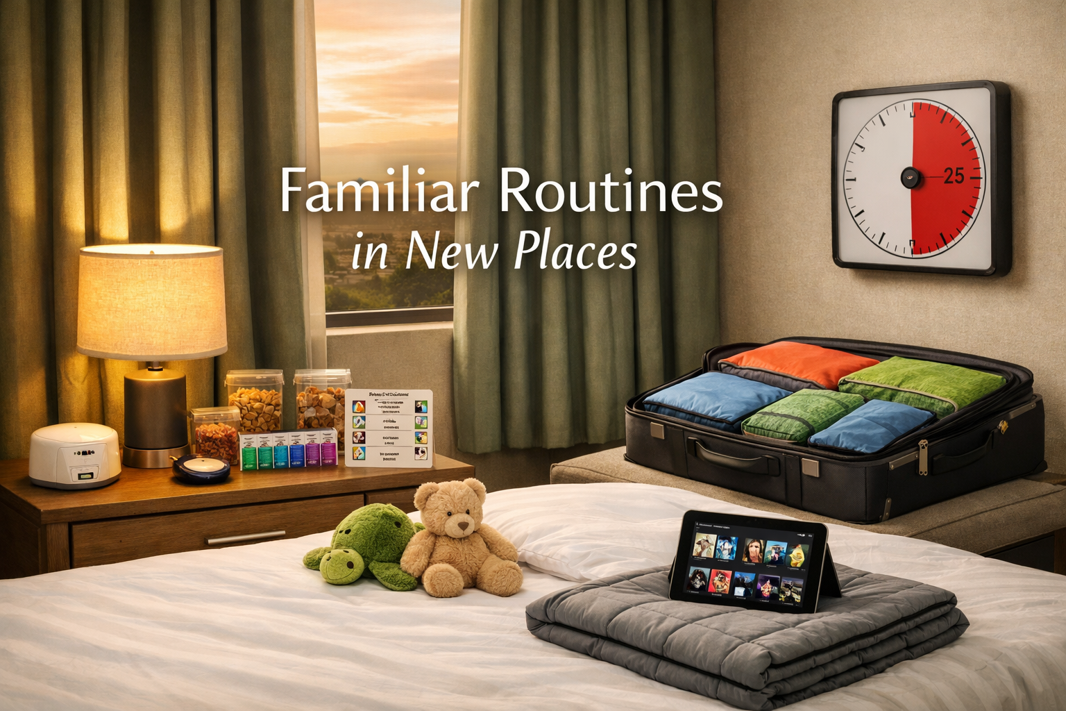 Landscape format (1536x1024) serene hotel room setup optimized for neurodivergent comfort. Blackout curtains partially drawn showing golden 