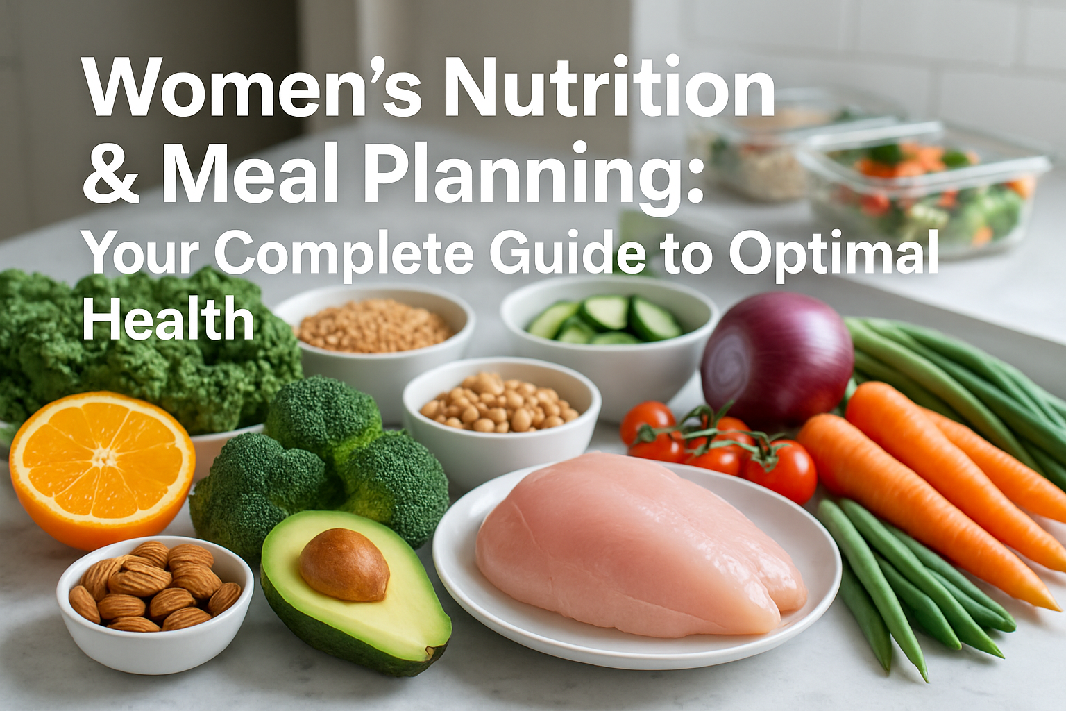Professional landscape hero image (1536x1024) featuring bold text overlay 'Women's Nutrition & Meal Planning: Your Complete Guide to Optimal