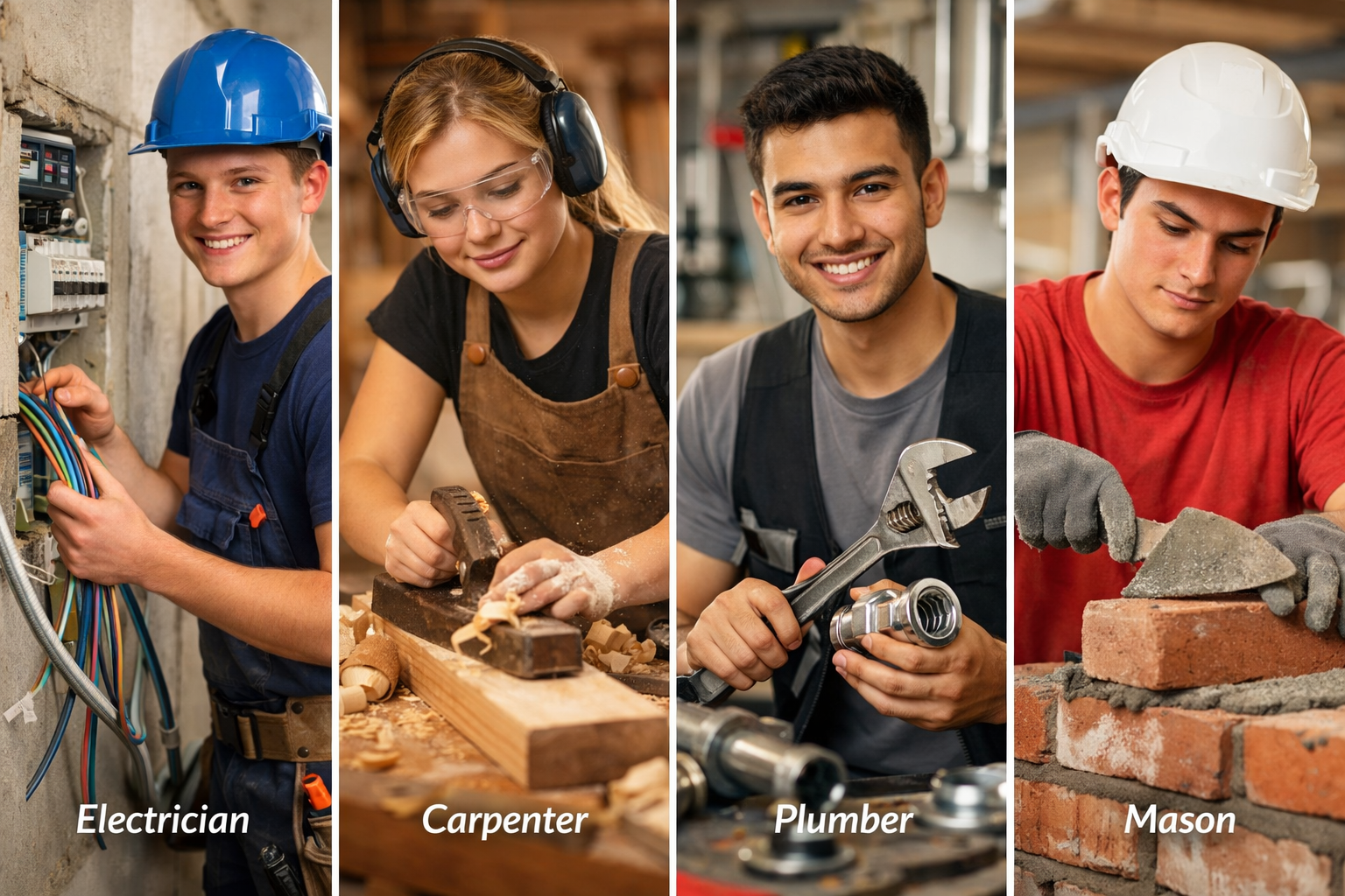 no text on the images. Landscape format (1536x1024) editorial image showing diverse group of young apprentices in various handwerk professio