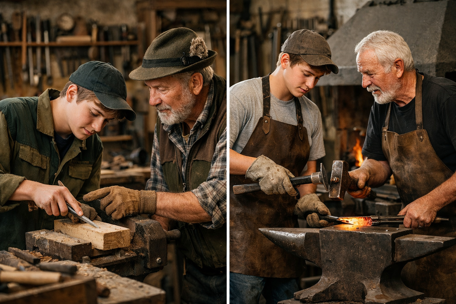 no text on the images. Editorial style photographic scene depicting 'Was ist eine Lehre im Handwerk in Österreich?': Split-screen compositio
