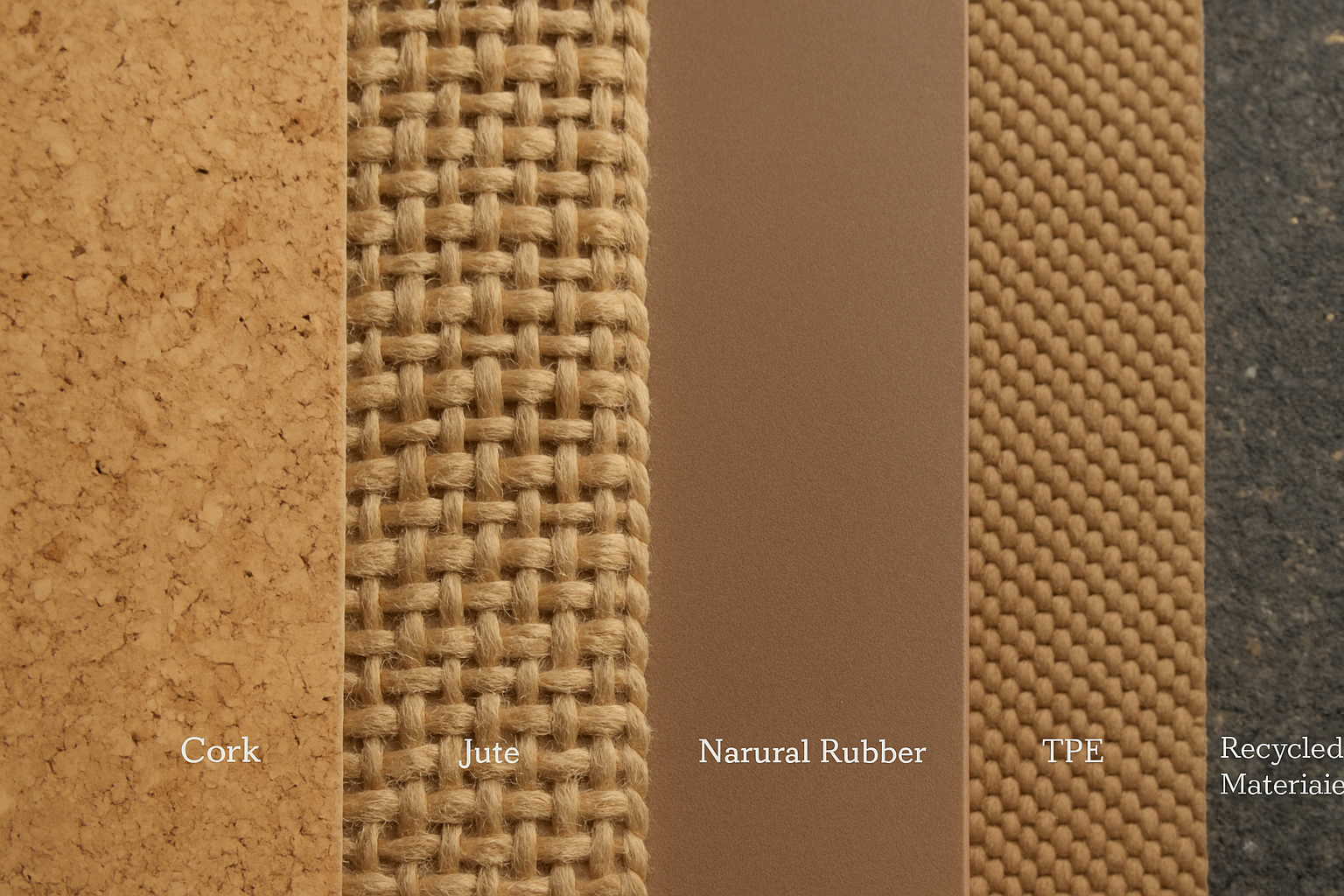 A close-up, editorial-quality shot (1536x1024, landscape) showcasing the textures of various eco friendly yoga mat materials side-by-side: a