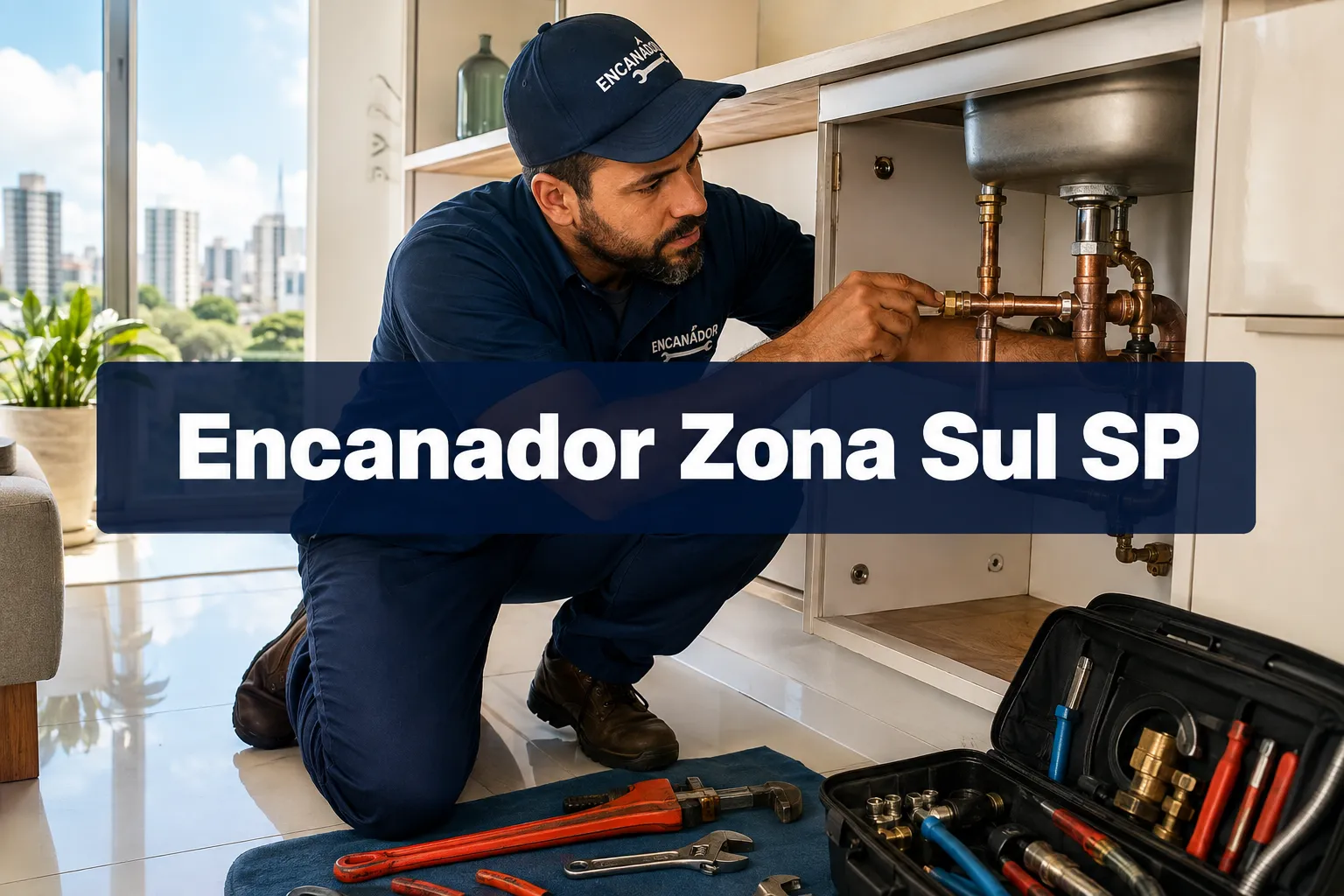 Professional () hero image with (≤42 chars): 'Encanador Zona Sul SP', white on a deep navy semi-transparent panel, centered
