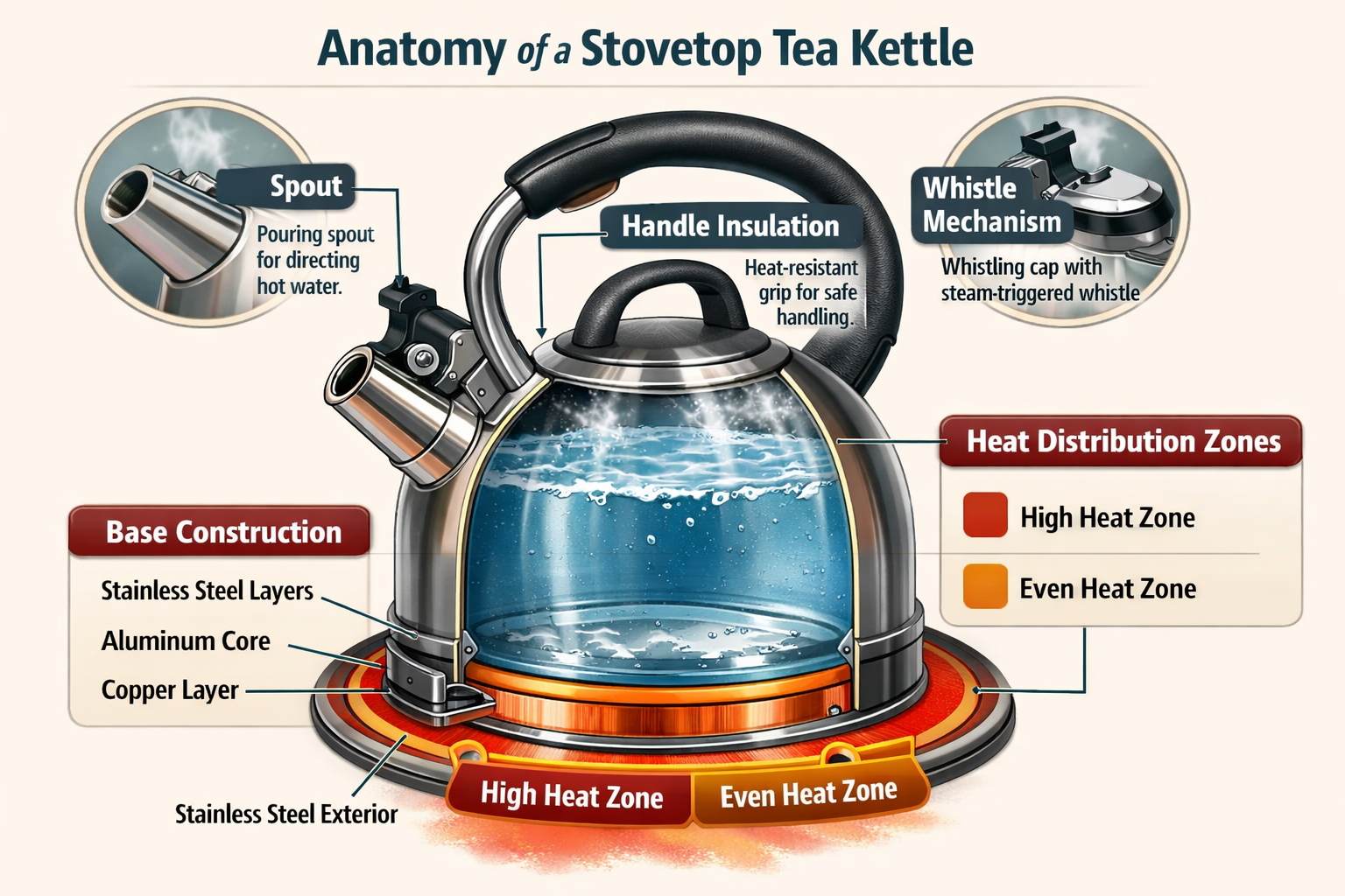 Detailed infographic showing anatomy of stovetop tea kettle with labeled parts: spout, whistle mechanism, handle insulation, base constructi