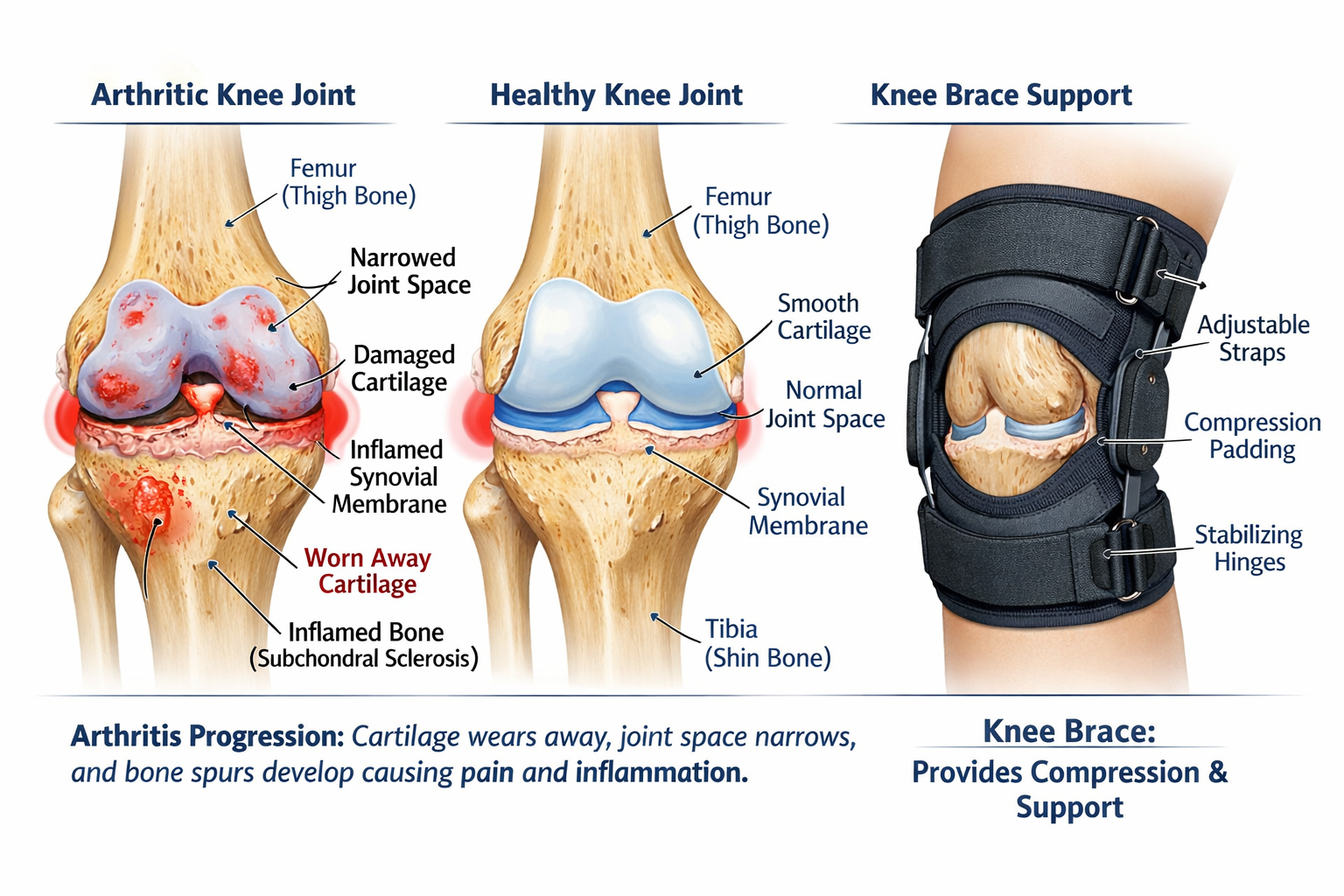 Landscape format (1536x1024) detailed medical illustration showing cross-section of arthritic knee joint with inflamed cartilage, bone spurs