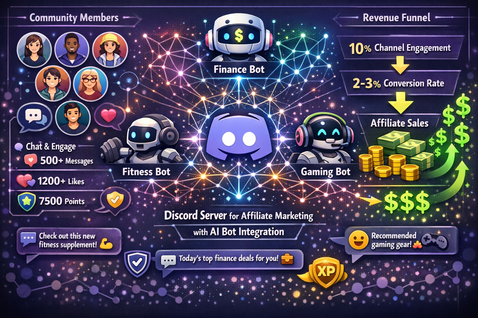 Landscape format (1536x1024) detailed infographic showing Discord server architecture for affiliate marketing with AI bot integration. Centr