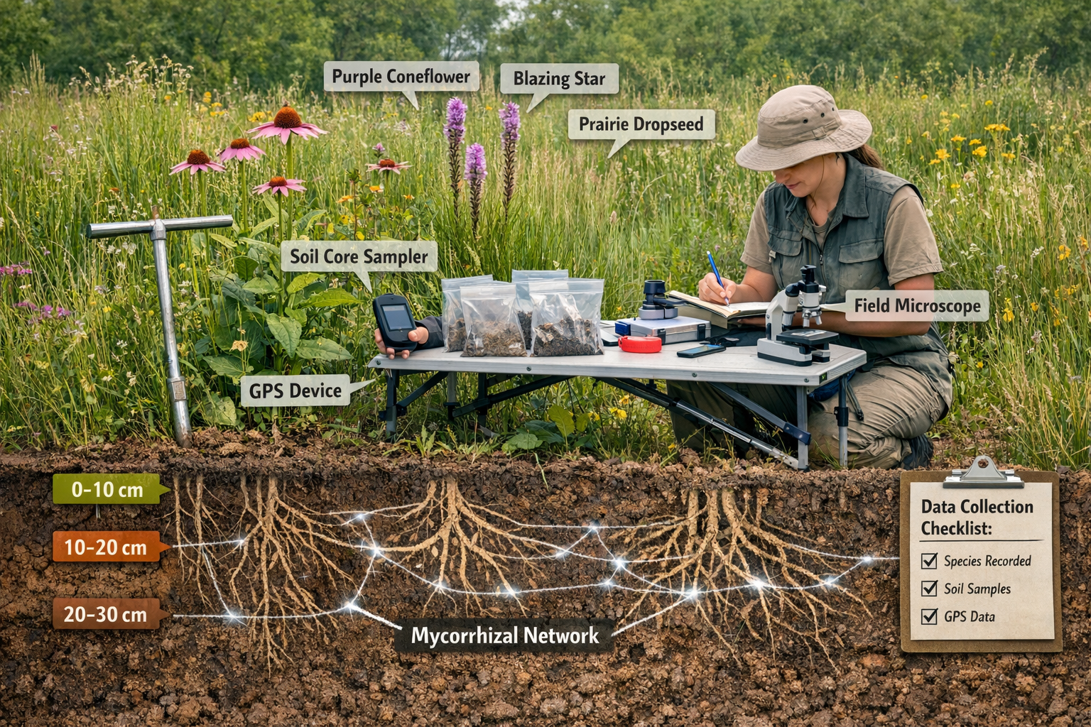 Detailed () image showing ecologist conducting field survey with labeled equipment: soil core sampler, GPS device, sample