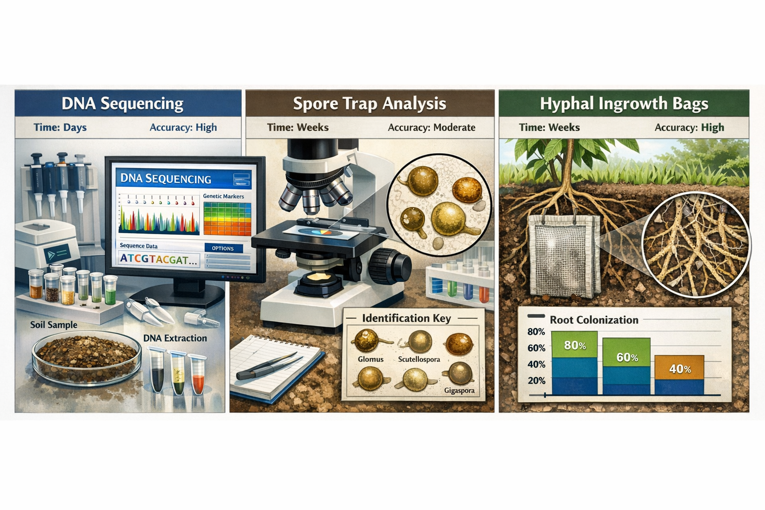 Detailed () scientific illustration showing three-panel comparison of mycorrhizal network assessment techniques: left panel