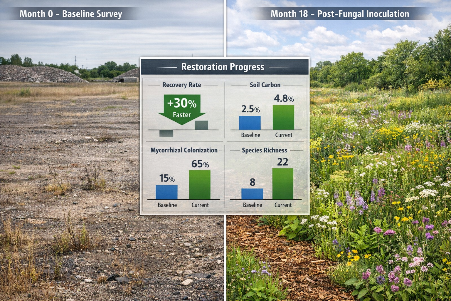 Detailed () before-and-after comparison image of BNG restoration site showing fungal network recovery over 18-month period.