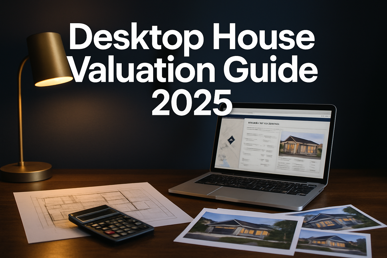 Professional landscape hero image (1536x1024) featuring bold text overlay 'Desktop House Valuation Guide 2025' in extra large 72pt white san