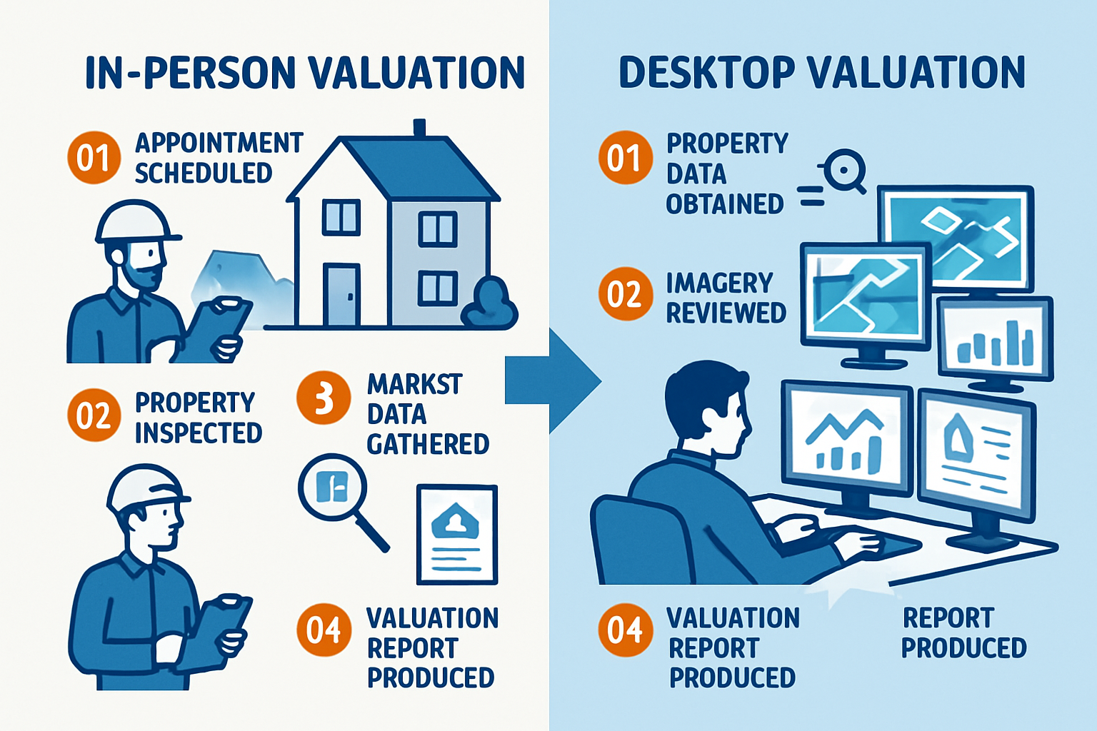 Detailed infographic showing desktop house valuation process workflow (1536x1024). Split-screen layout: left side shows traditional in-perso