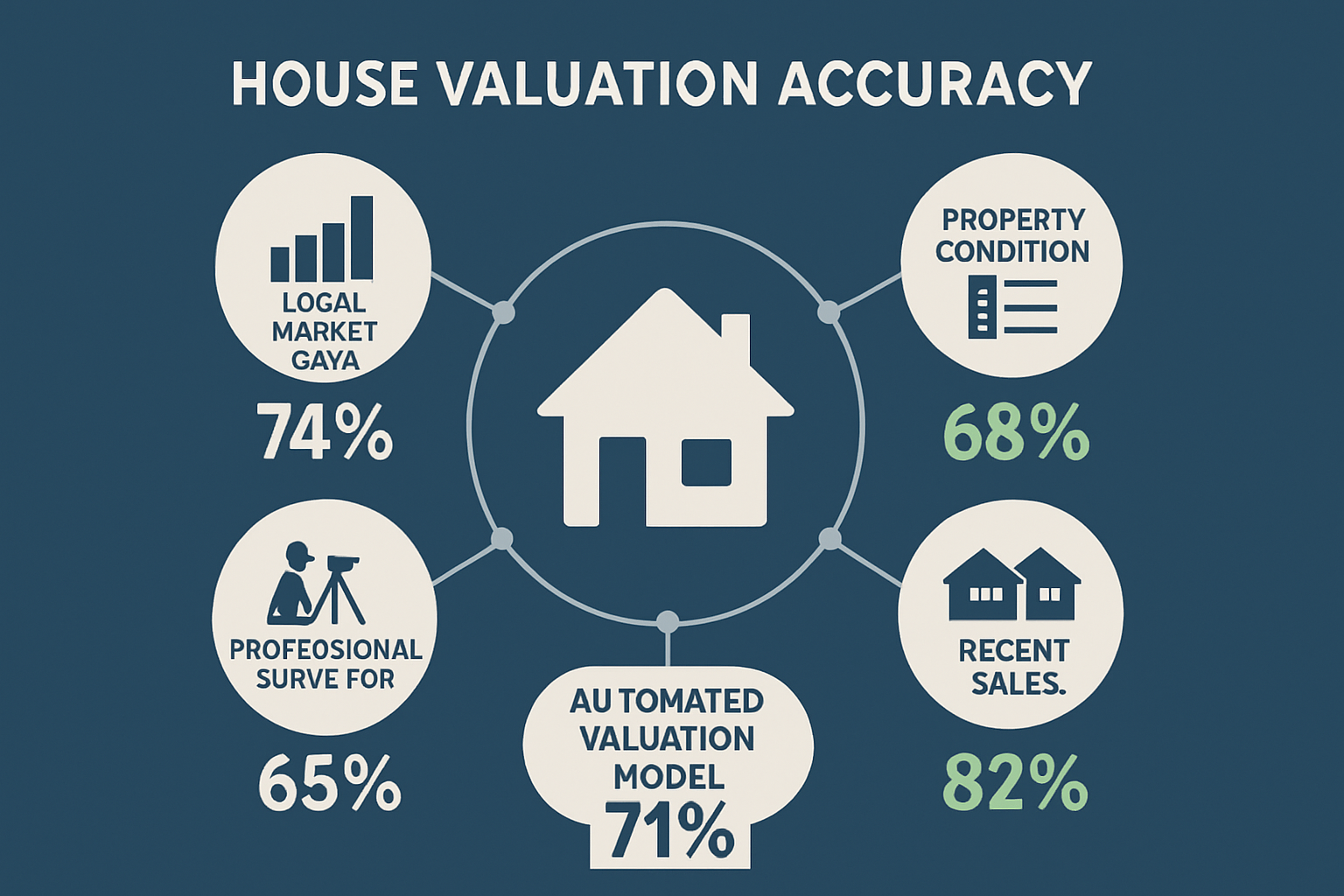 Comprehensive comparison chart visualization (1536x1024) displaying desktop house valuation accuracy factors. Central house silhouette surro
