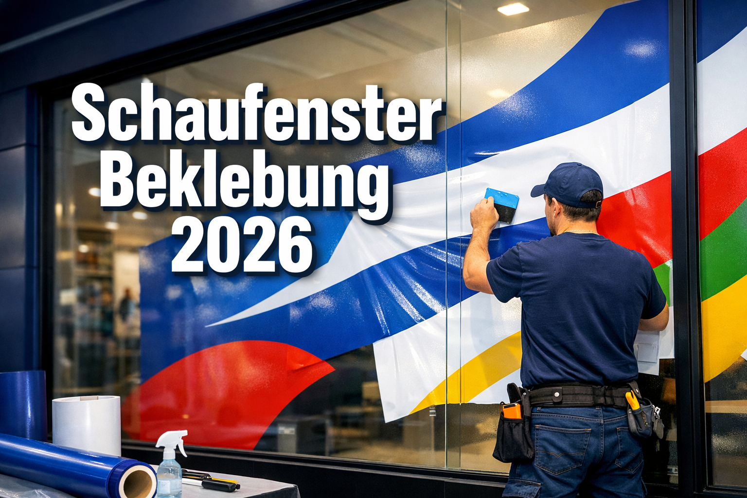 Professional landscape format (1536x1024) hero image with bold text overlay 'Schaufenster Beklebung 2026' in extra large 72pt white sans-ser