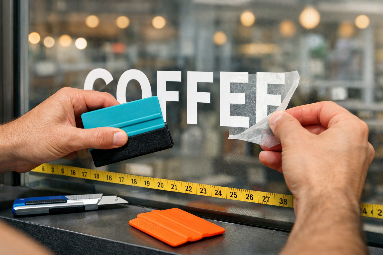 Detailed landscape format (1536x1024) image showing close-up of hands applying vinyl lettering to a shop window, professional tools like squ